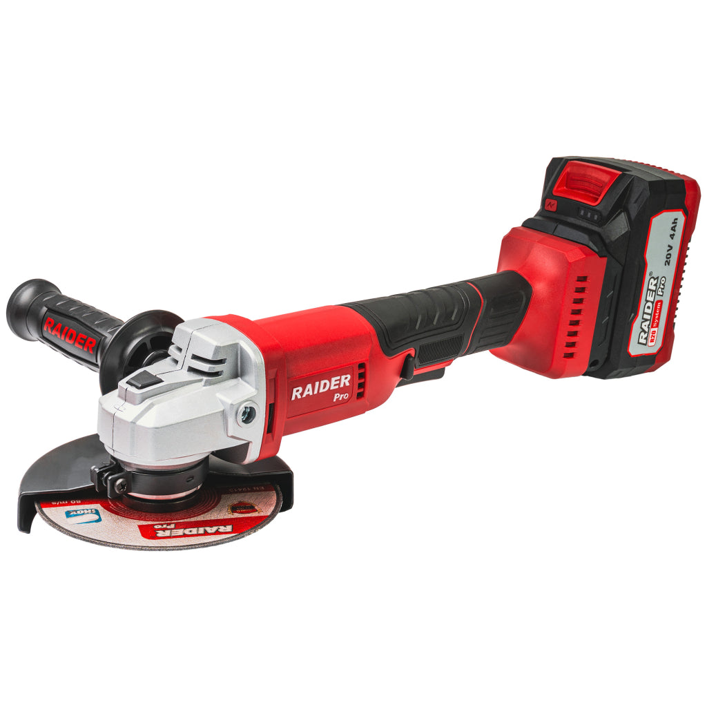 Ъглошлайф 125 мм с акумулатор R20 4Ah 2 режещи диска и пластмасова кутия RAIDER PRO