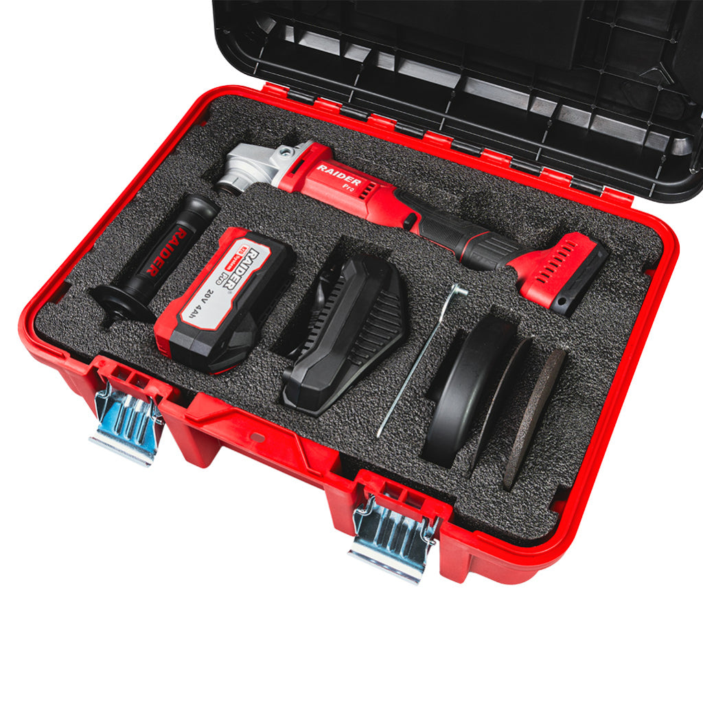 Ъглошлайф 125 мм с акумулатор R20 4Ah 2 режещи диска и пластмасова кутия RAIDER PRO