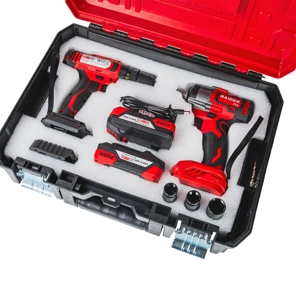 Комплект ударна бормашина и винтоверт 44Nm, ударен гайковерт 1/2 320Nm с батерия 2X2Ah RAIDER PRO