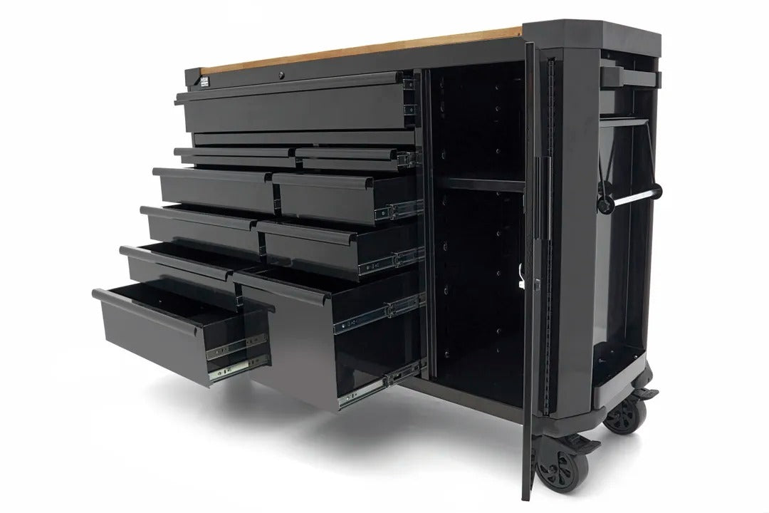 Професионален метален шкаф с 10 чекмеджета, мобилна количка, работна маса 147 см, плот от масивна дървесина HBM Холандия