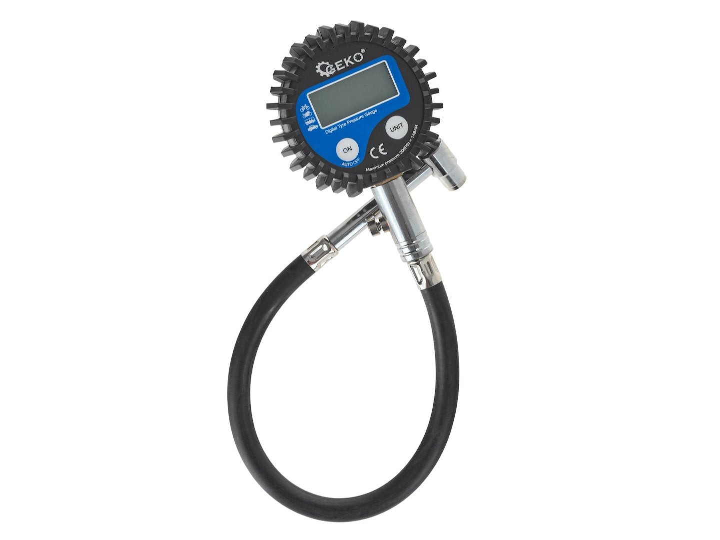 Манометър с маркуч за проверка на налягане в гумите с цифров дисплей GEKO