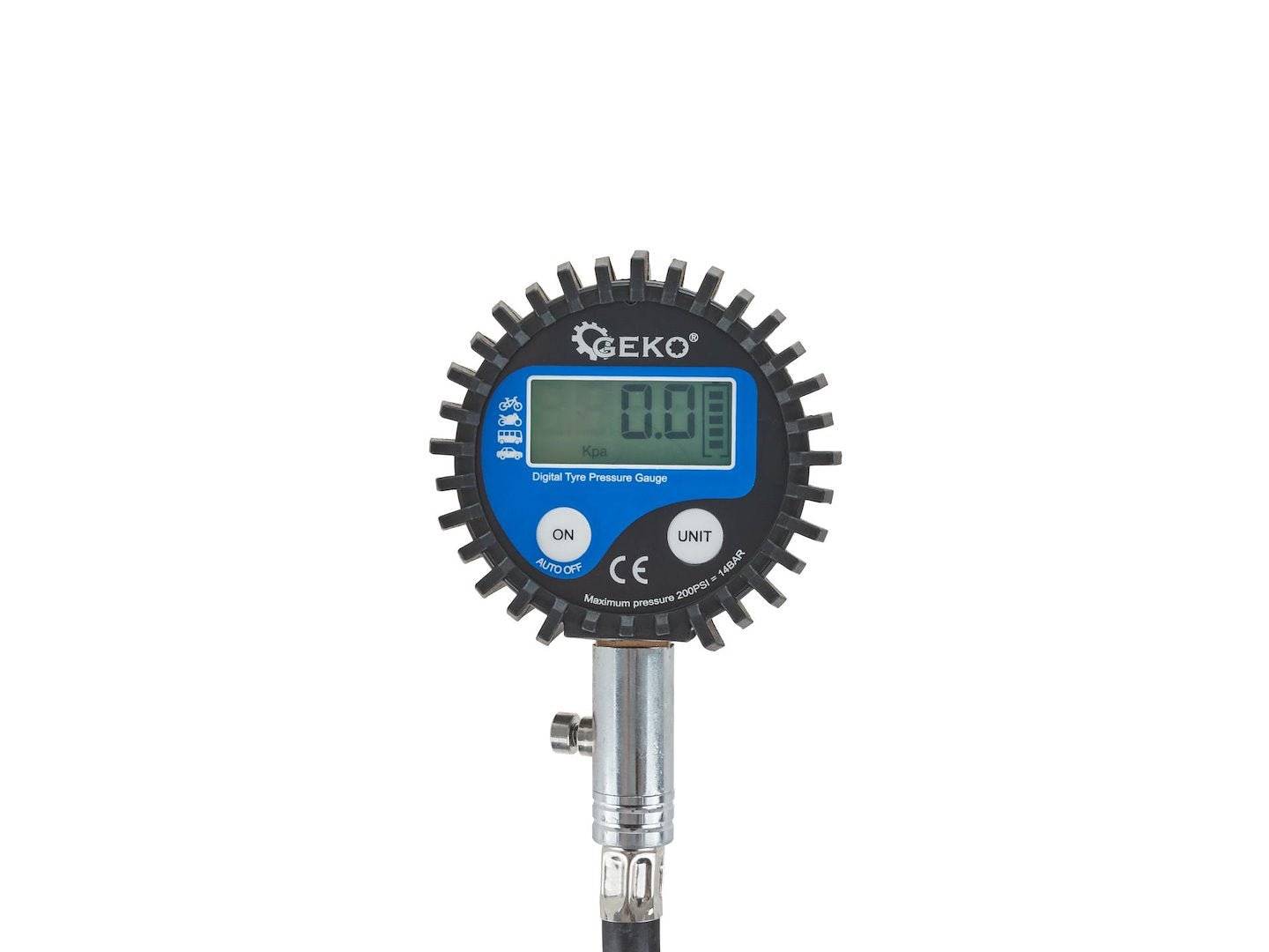 Манометър с маркуч за проверка на налягане в гумите с цифров дисплей GEKO