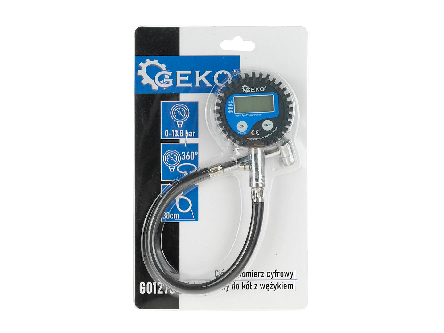 Манометър с маркуч за проверка на налягане в гумите с цифров дисплей GEKO