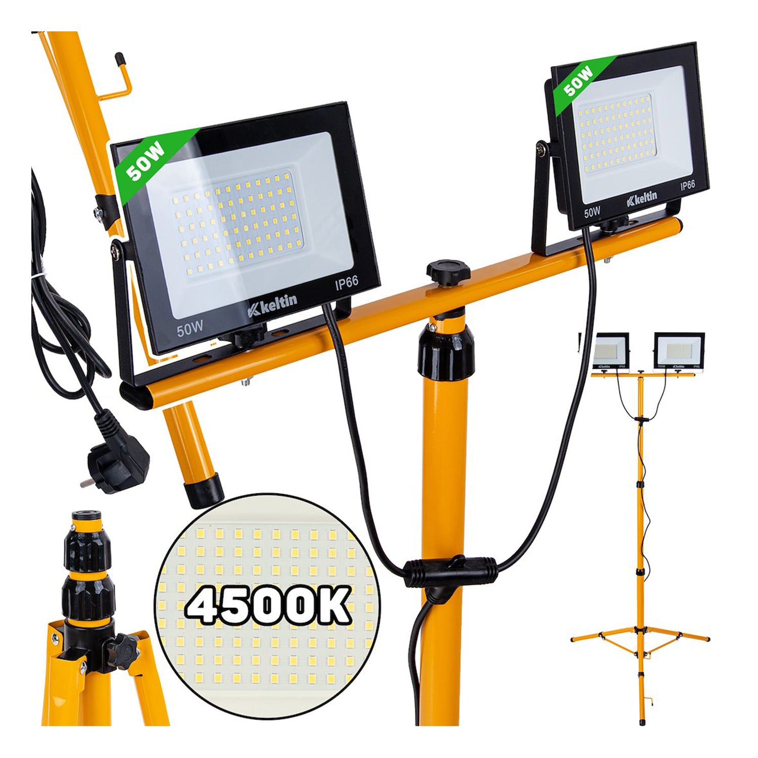 Прожектор, LED работна лампа 2 x 50W с регулируема стойка 60-160 см, неутрално бяло 4500K IP66 - KELTIN