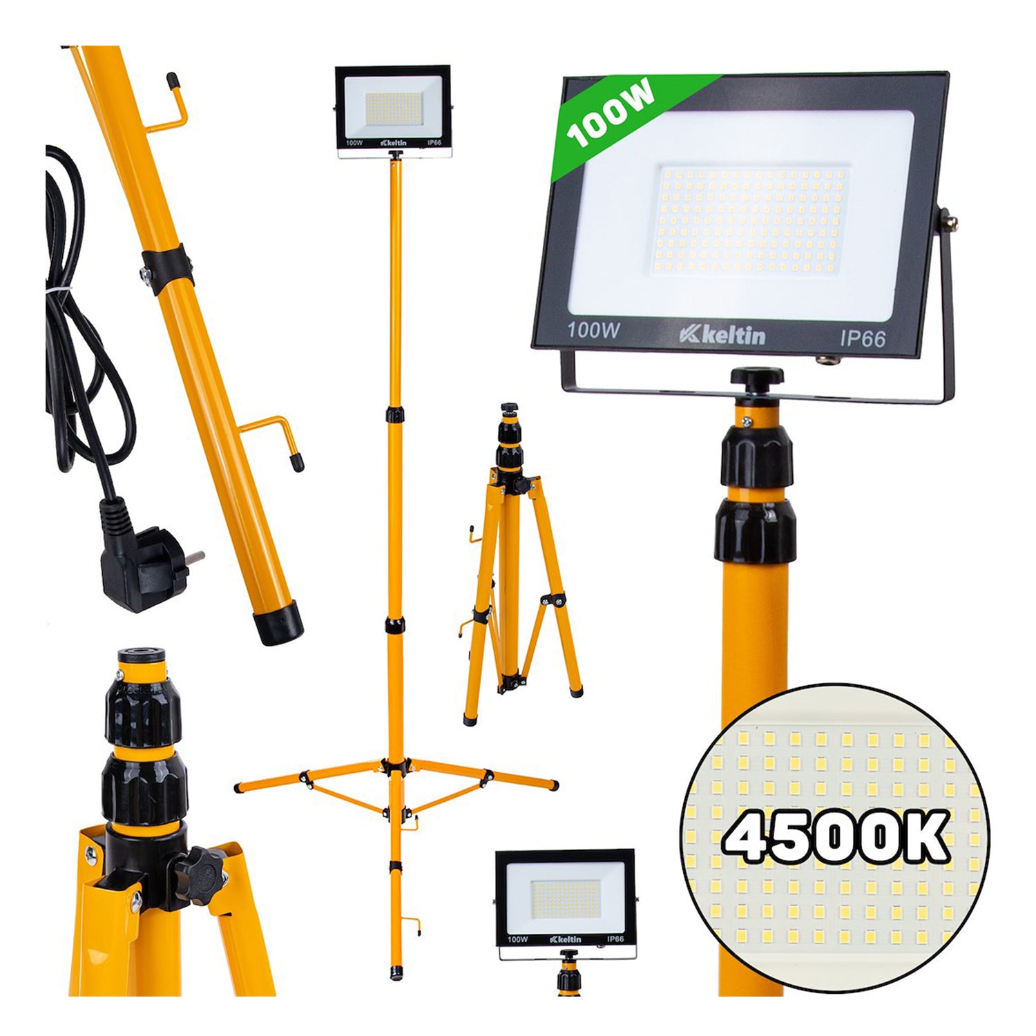 Прожектор, LED работна лампа 100W с регулируема стойка 60-160 см, неутрално бяло 4500K 10.000 lm - GEKO