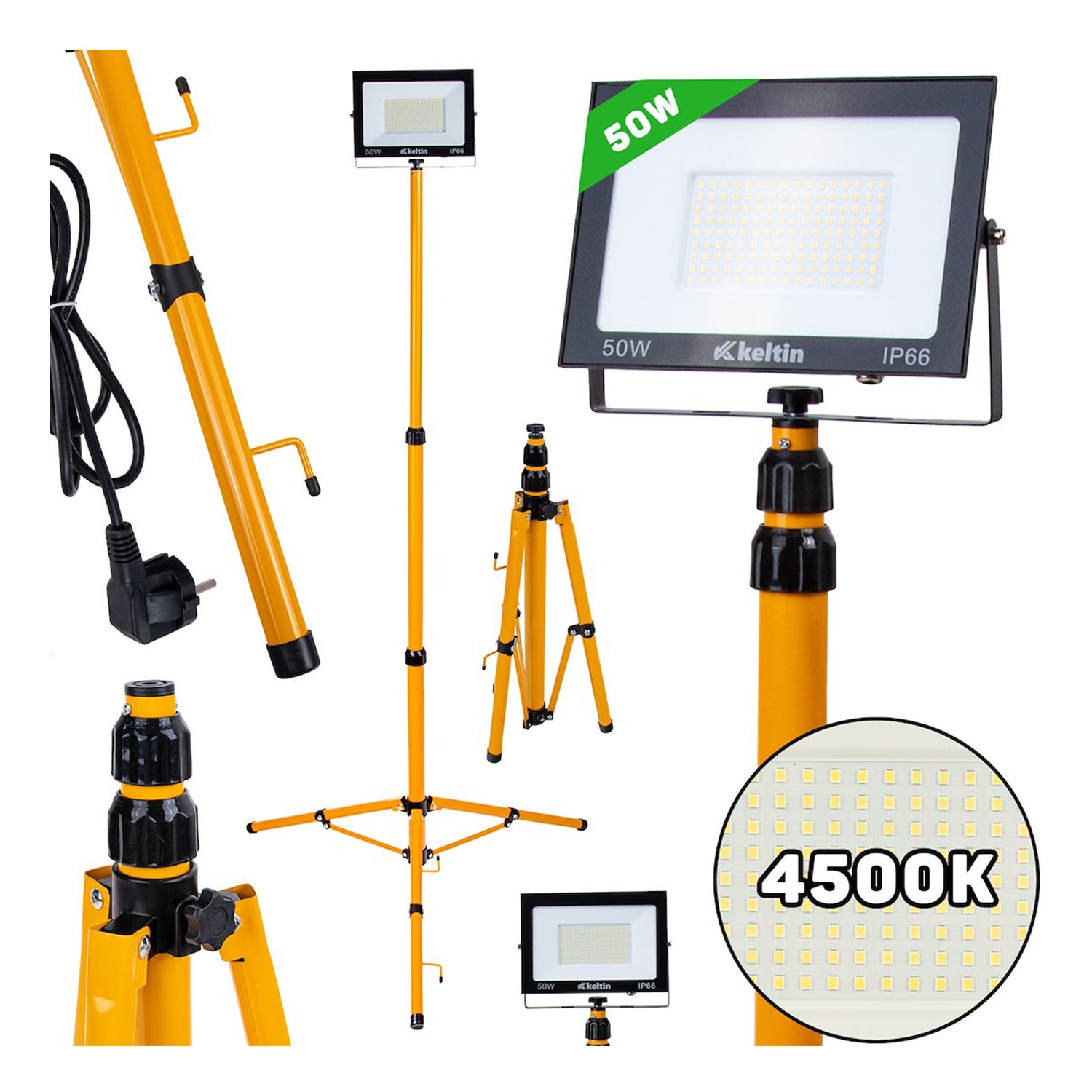 Прожектор, LED работна лампа 50W с регулируема стойка 60-160 см, неутрално бяло 4500K 4500 lm - GEKO