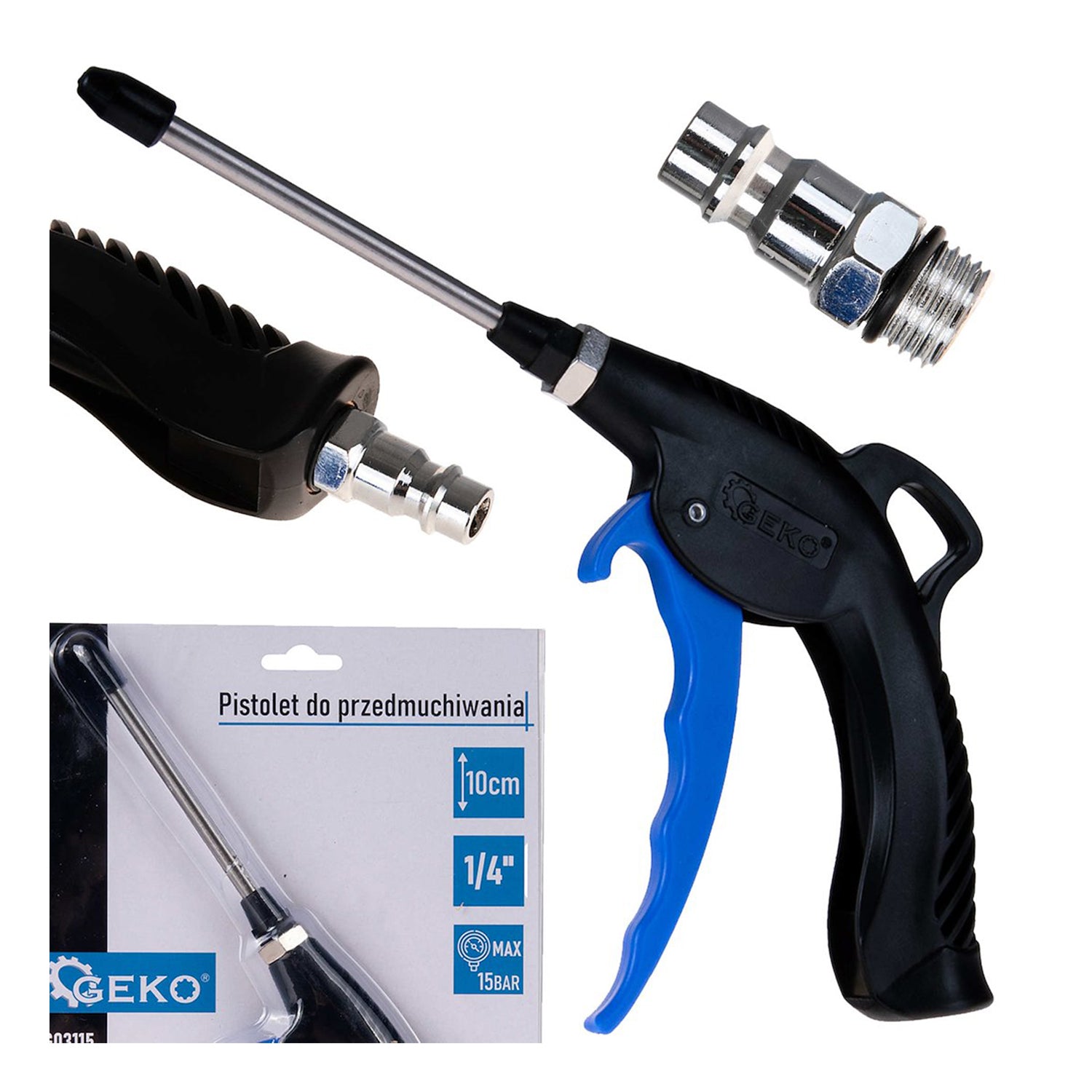 Пистолет за сгъстен въздух с дюза 10 см и бързо съединение 1/4" - GEKO