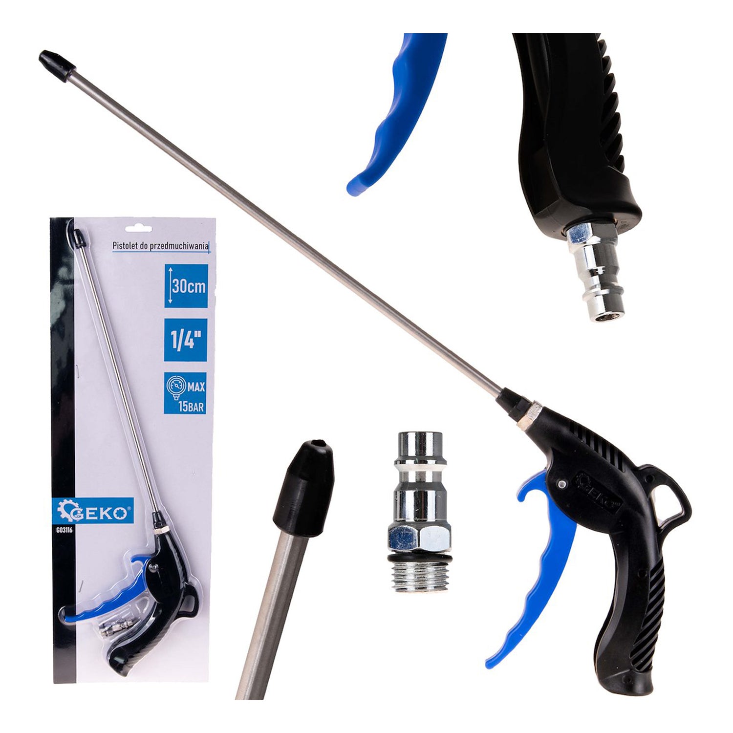 Пистолет за сгъстен въздух с дюза 30 см и бързо съединение 1/4" - GEKO