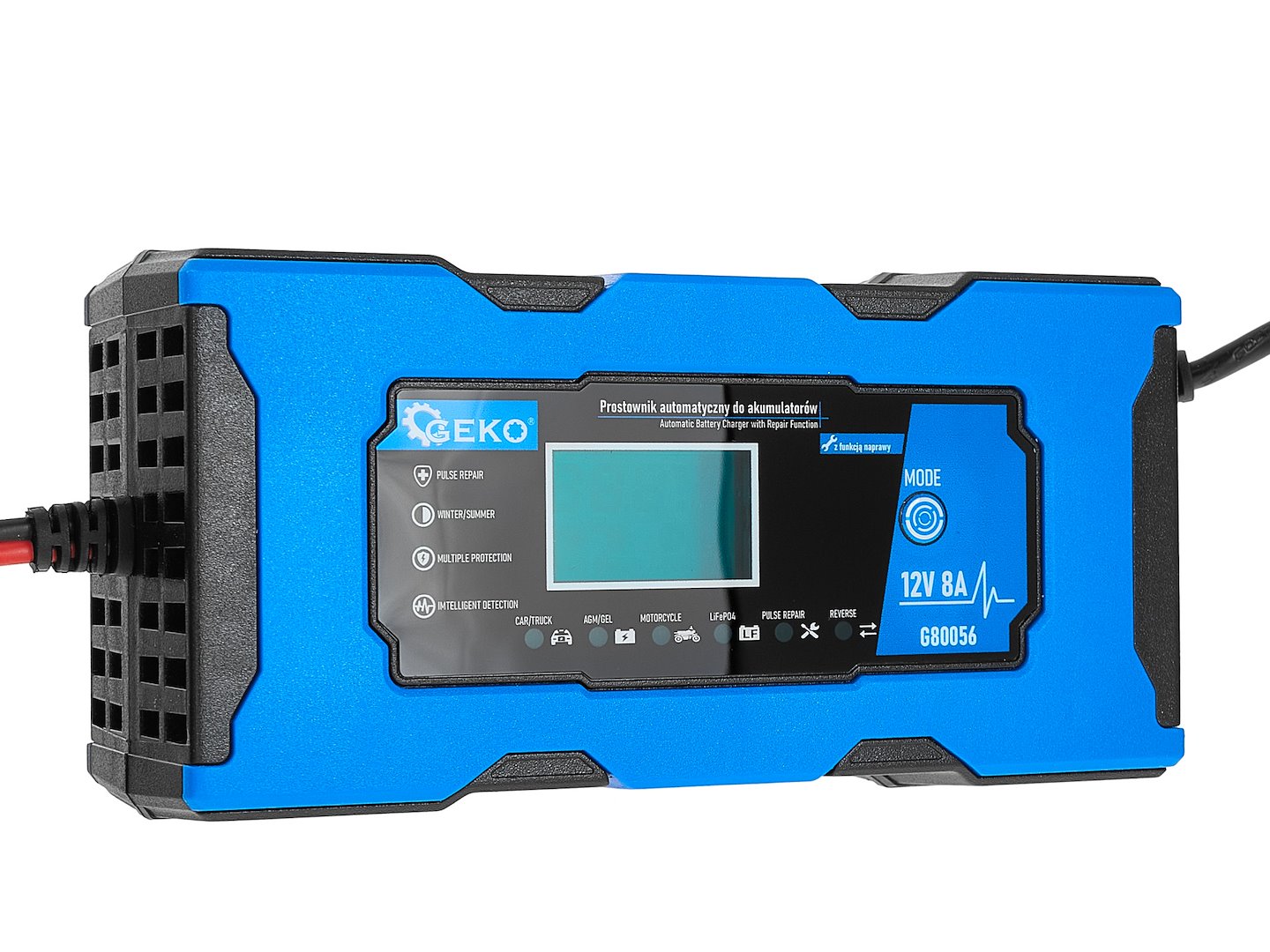 Зарядно устройство за автомобилни и мотоциклетни акумулатори с 12V 8A LCD дисплей и функция за ремонт GEKO