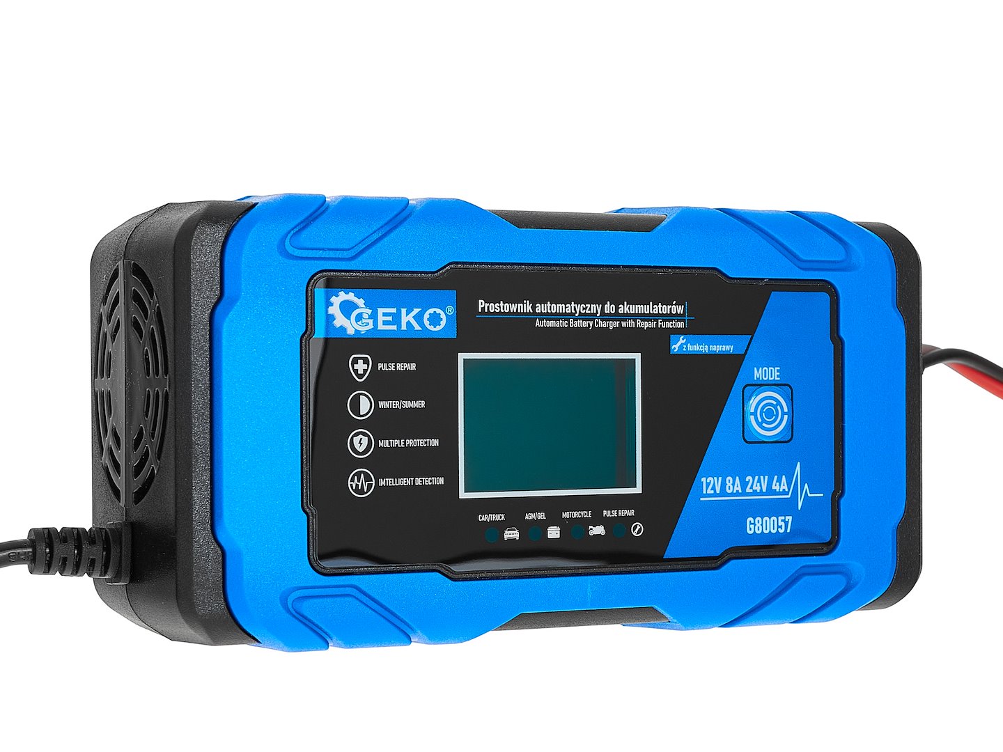 Зарядно устройство за автомобилни и мотоциклетни акумулатори с 12/24V 8A LCD дисплей и функция за ремонт GEKO