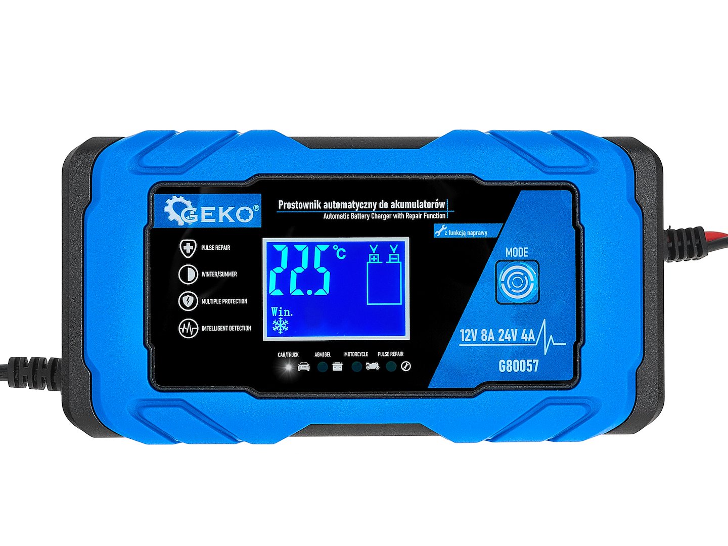 Зарядно устройство за автомобилни и мотоциклетни акумулатори с 12/24V 8A LCD дисплей и функция за ремонт GEKO