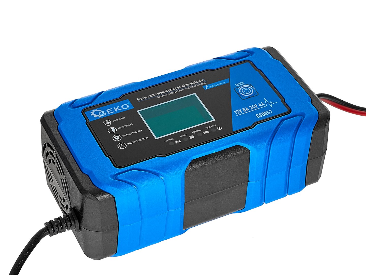 Зарядно устройство за автомобилни и мотоциклетни акумулатори с 12/24V 8A LCD дисплей и функция за ремонт GEKO