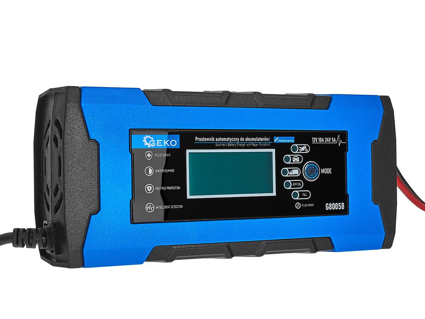 Зарядно устройство за автомобилни и мотоциклетни акумулатори с 12/24V 10A LCD дисплей и функция за ремонт GEKO