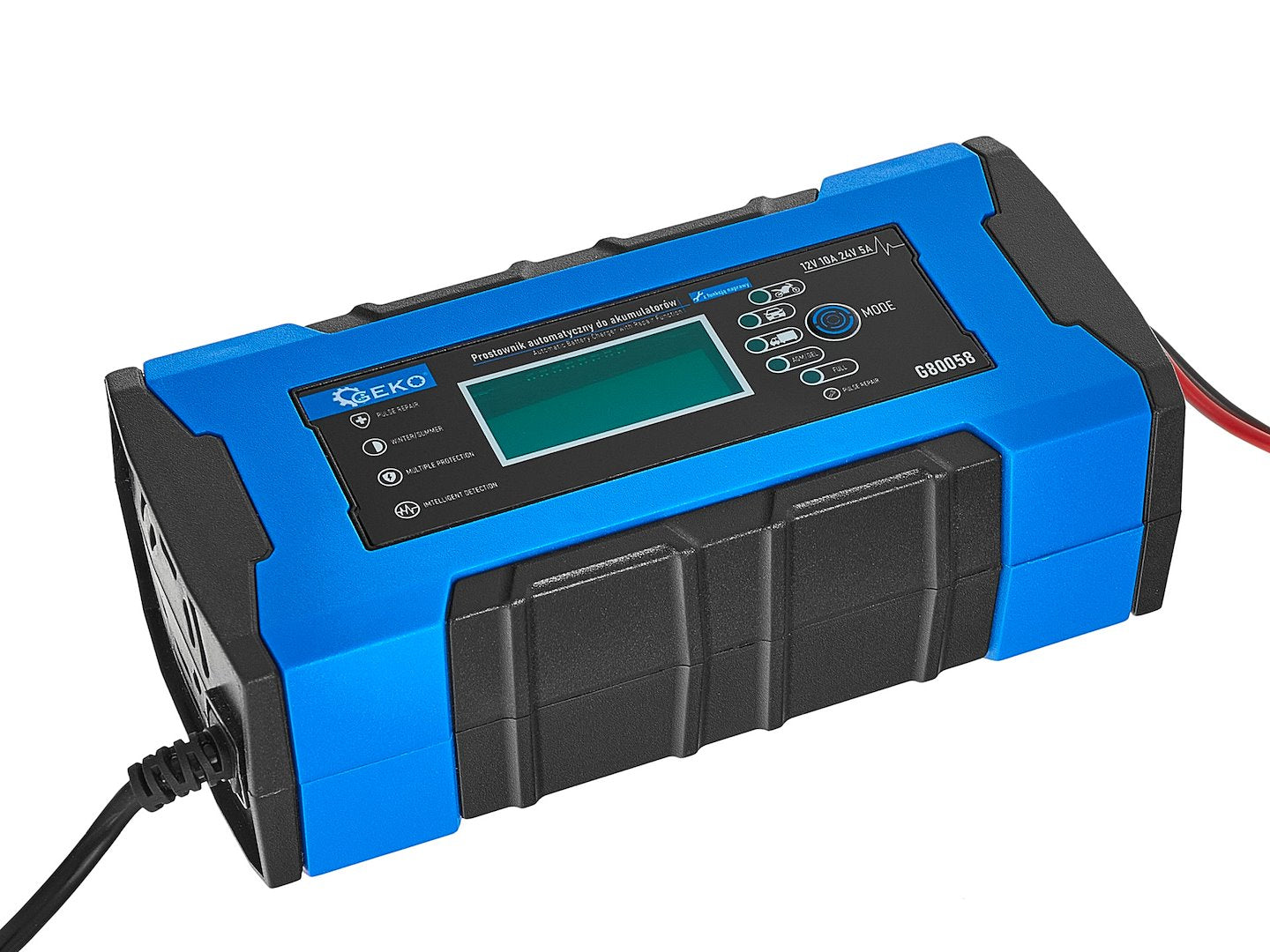 Зарядно устройство за автомобилни и мотоциклетни акумулатори с 12/24V 10A LCD дисплей и функция за ремонт GEKO