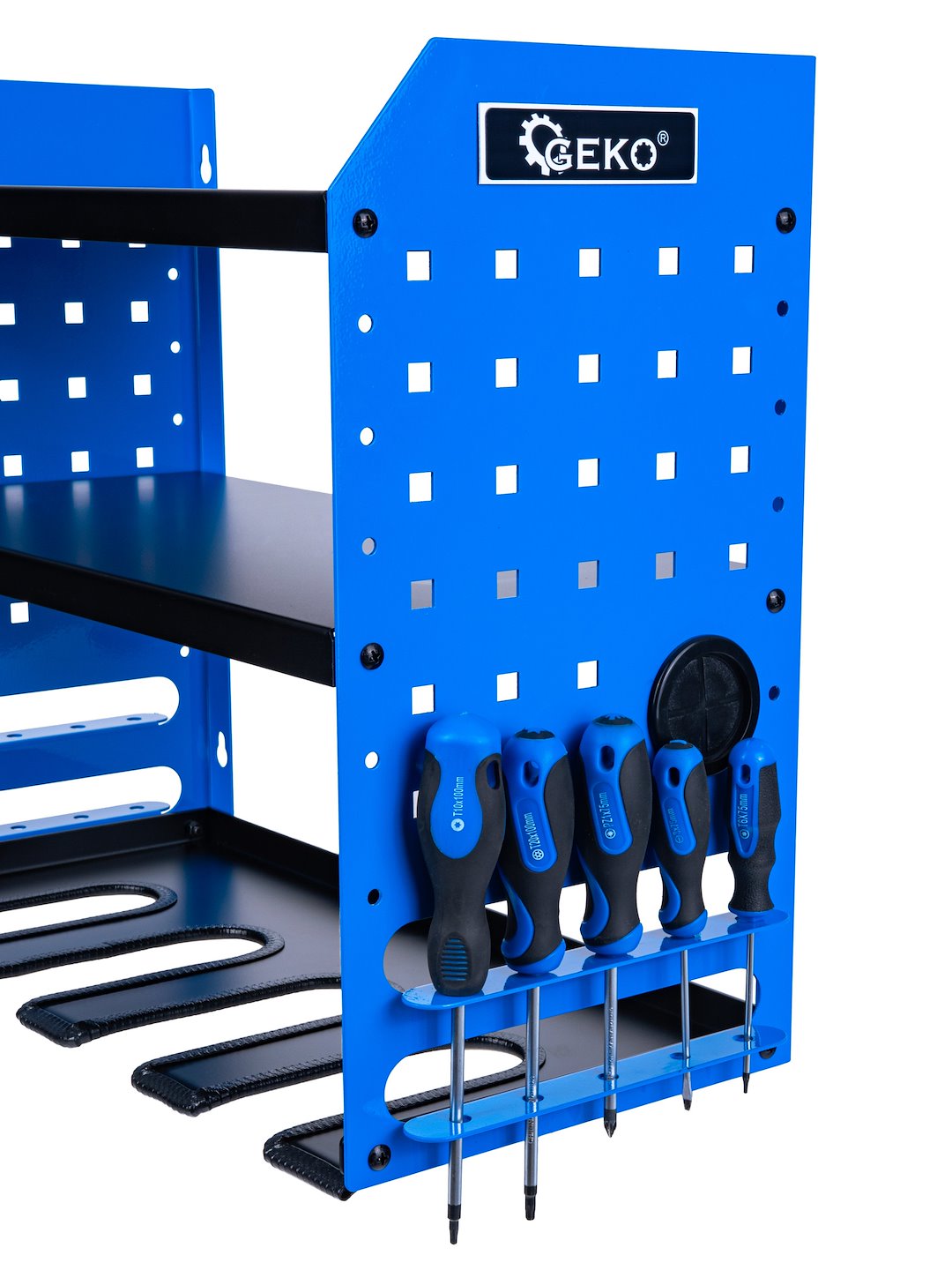 Метален рафт с държач за отвертки и електроинструменти GEKO