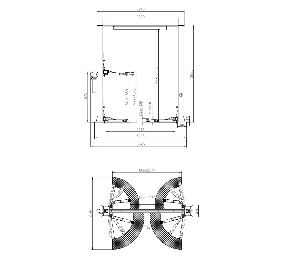Двуколонен подемник 4т 380V с горна греда, ръчен
