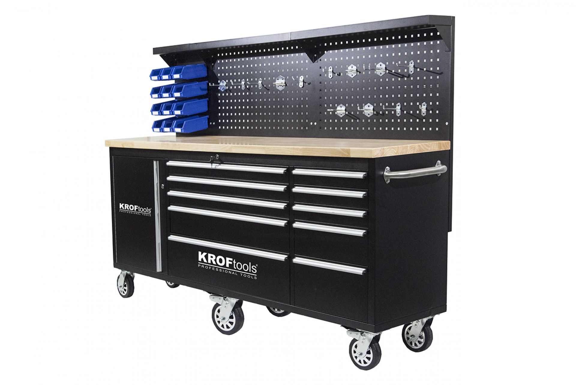 Метална работна маса със стена, 10 чекмеджета, масивен дървен плот - 213 см, KrofTools професионален, Португалия