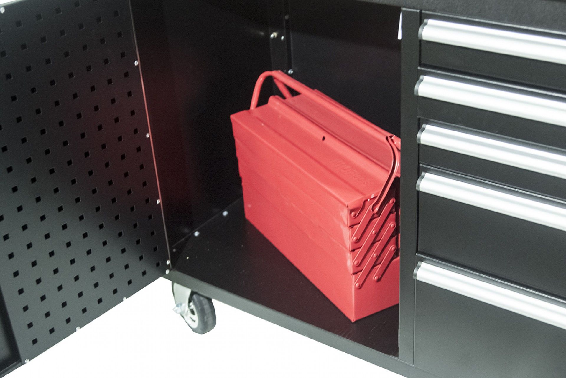 Метална работна маса със стена, 10 чекмеджета, масивен дървен плот - 213 см, KrofTools професионален, Португалия