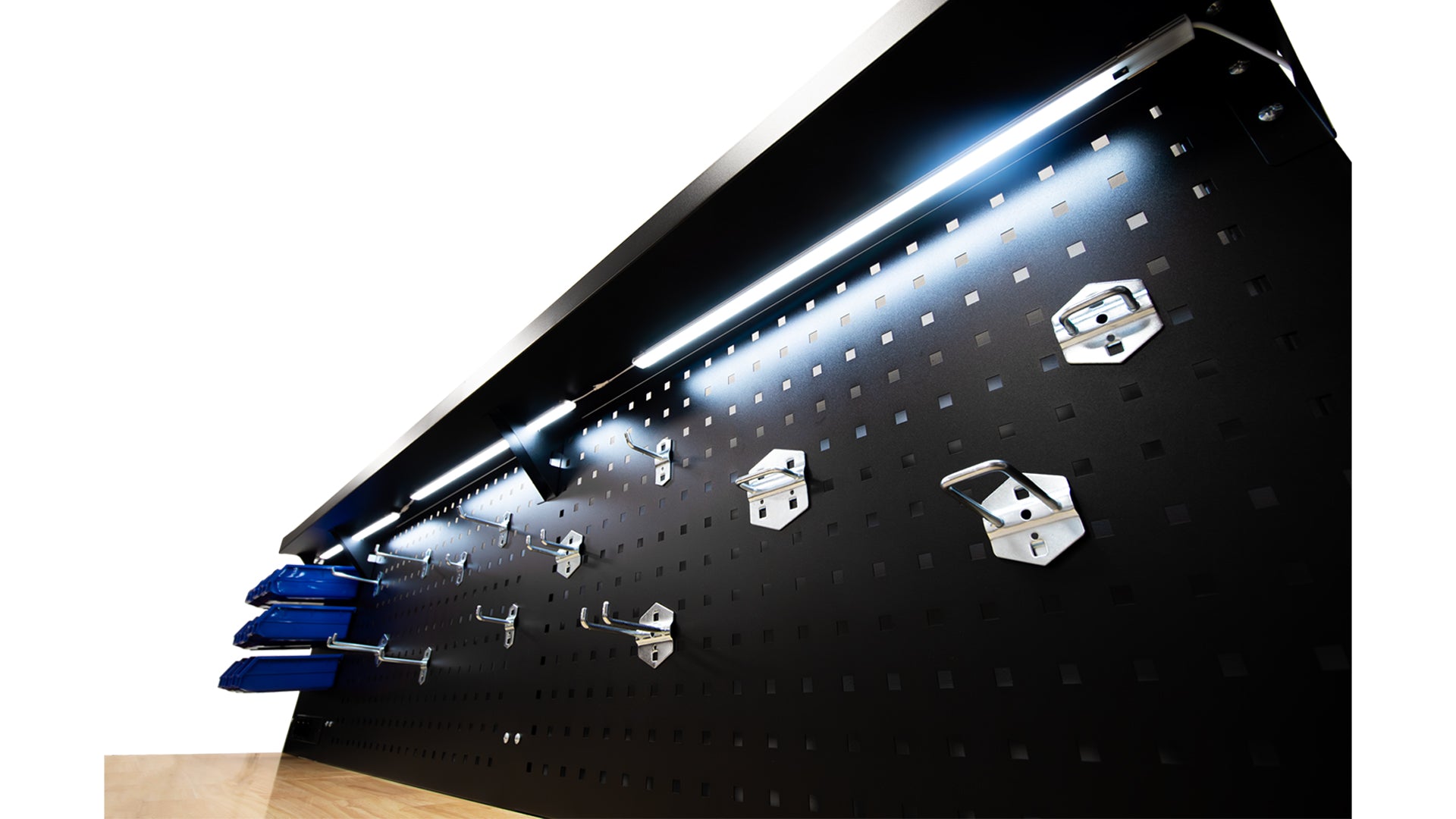 Професионална метална работна маса с 10 чекмеджета, плот от масивно дърво, LED панел, 230V контакти, USB порт, дължина 213 см