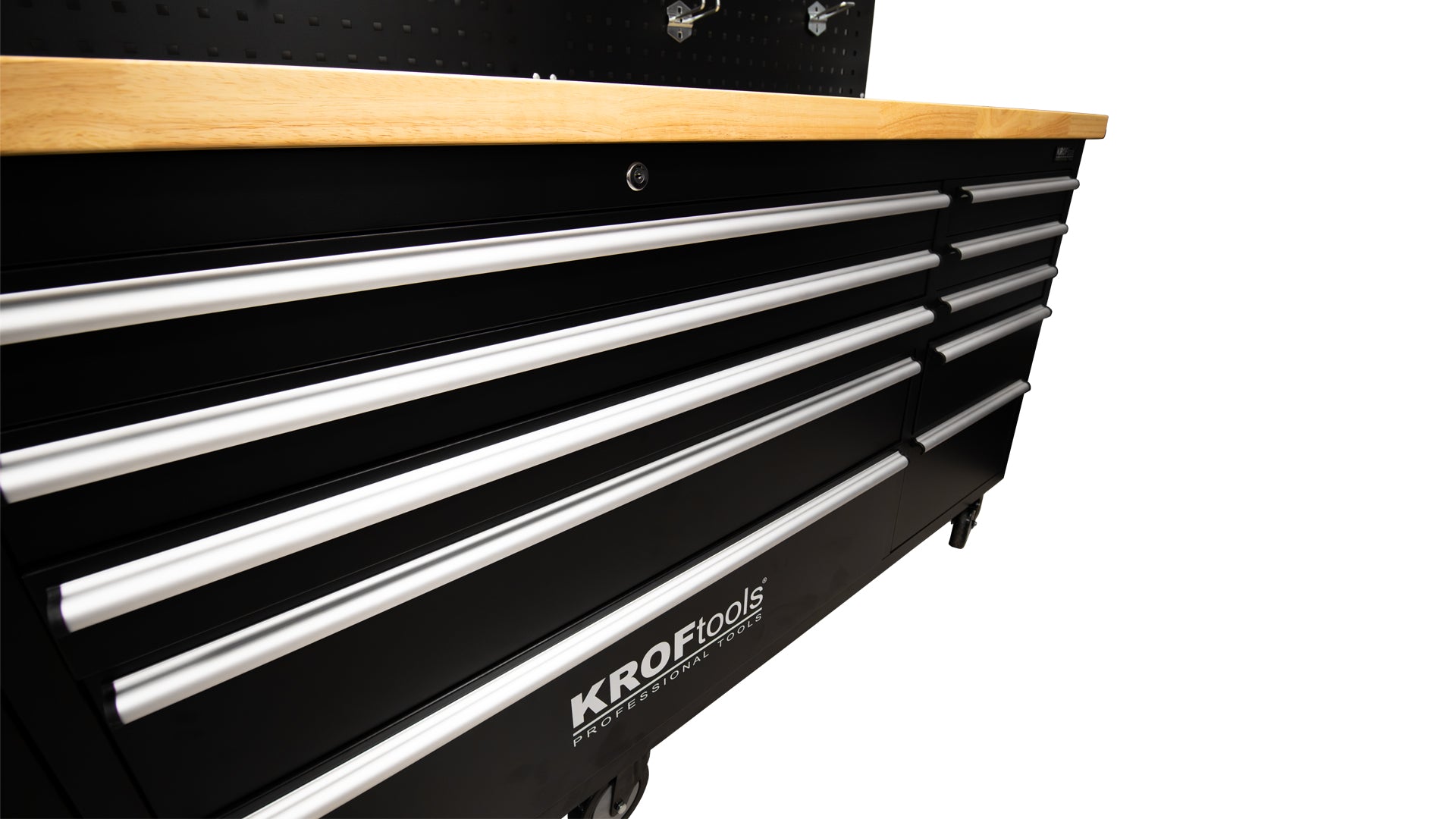 Професионална метална работна маса с 10 чекмеджета, плот от масивно дърво, LED панел, 230V контакти, USB порт, дължина 213 см