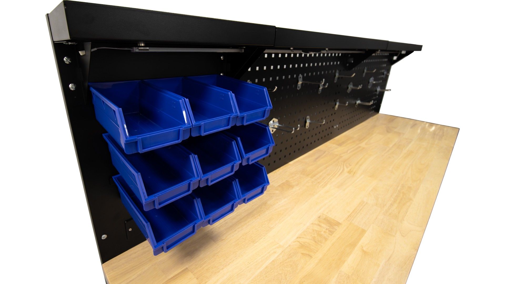 Професионална метална работна маса с 10 чекмеджета, плот от масивно дърво, LED панел, 230V контакти, USB порт, дължина 213 см