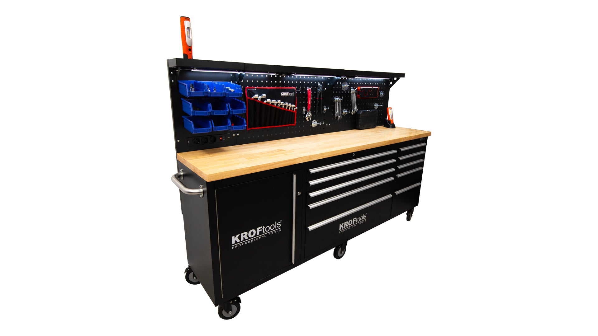 Професионална метална работна маса с 10 чекмеджета, плот от масивно дърво, LED панел, 230V контакти, USB порт, дължина 213 см