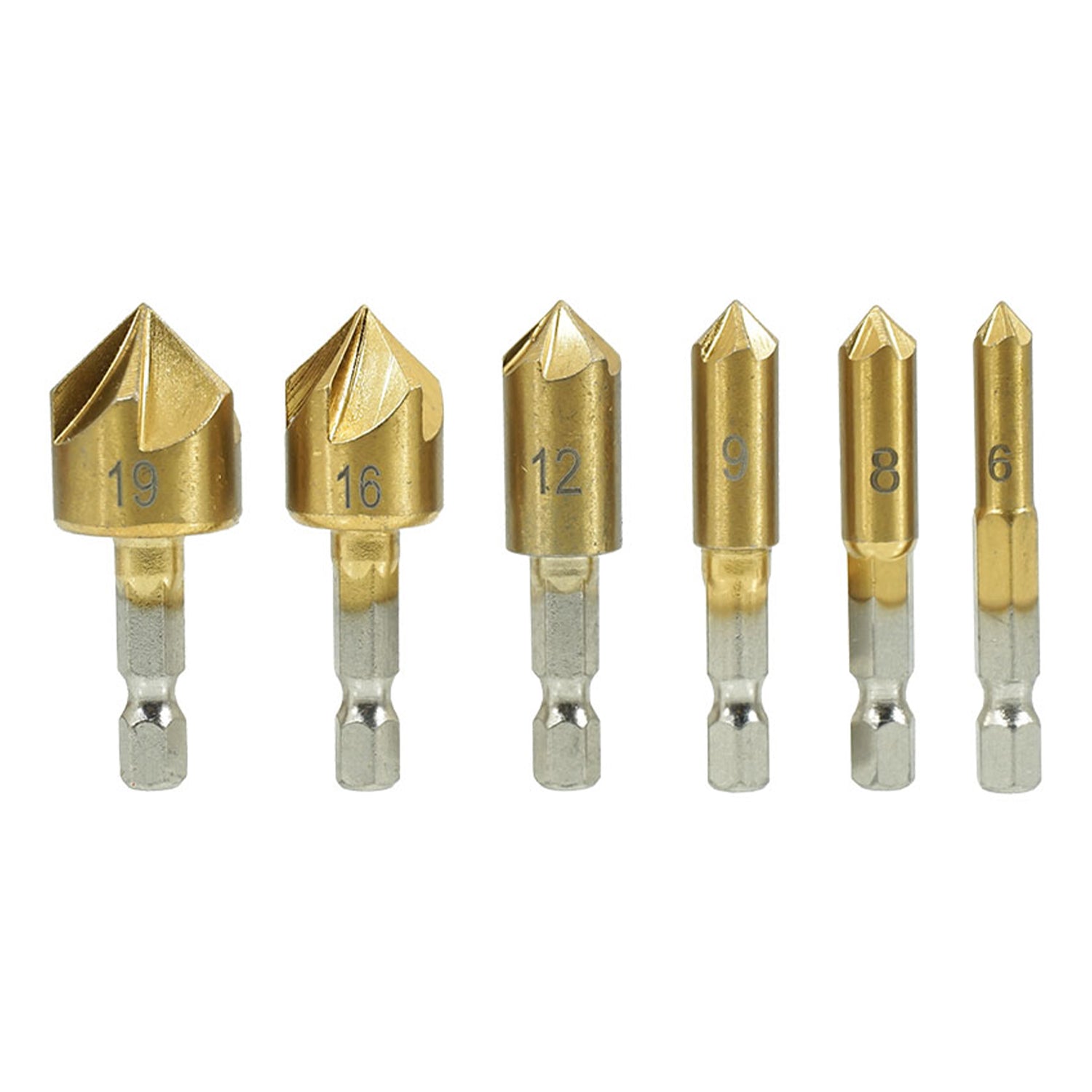 Комплект 6 конични фрези с шестограмна глава 6–19 мм с титаново покритие за дърво - VERKE