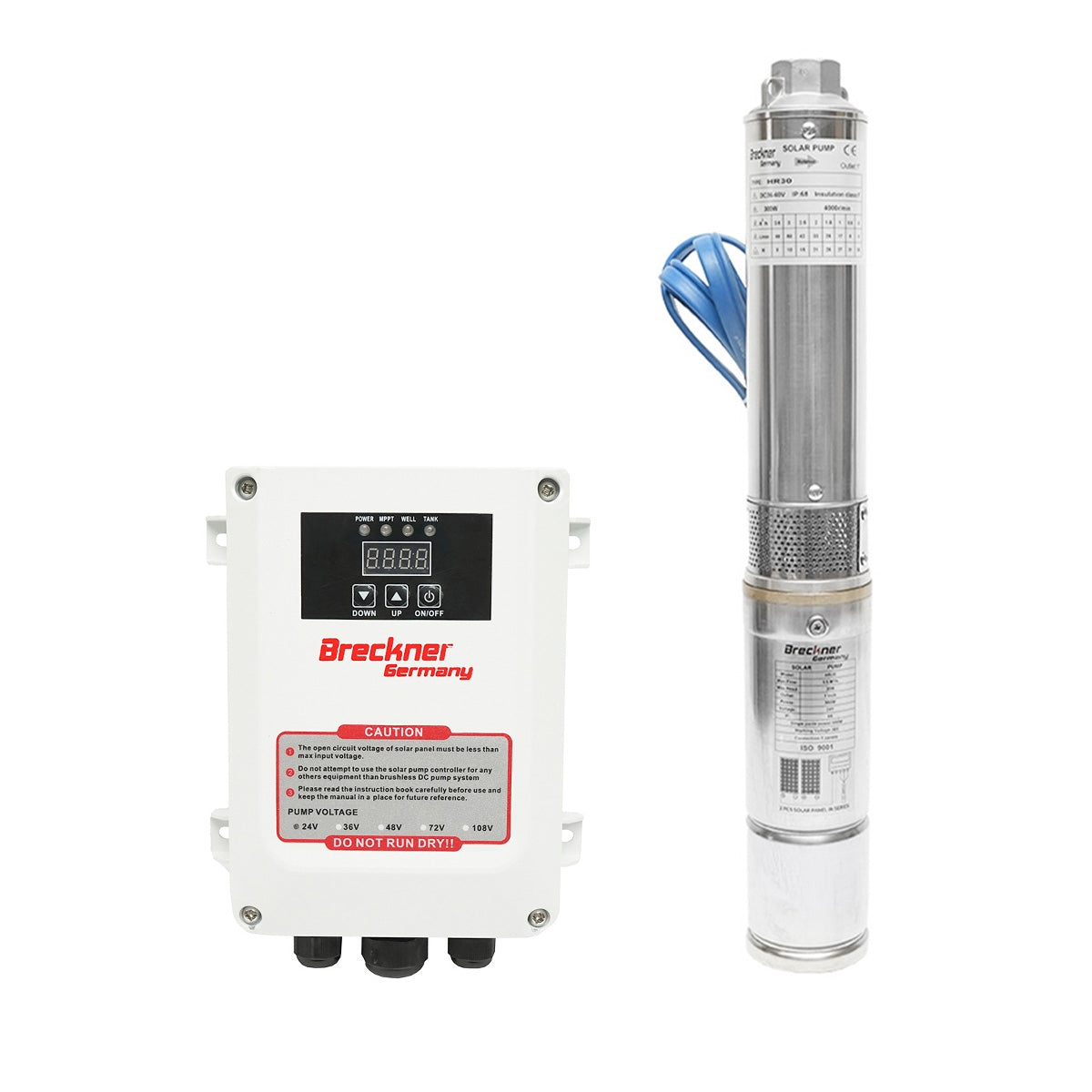 Потопяема водна помпа 300W, 24V дебит 3.5m3/h, D75мм с контролер за соларен фотоволтаичен панел Breckner Germany