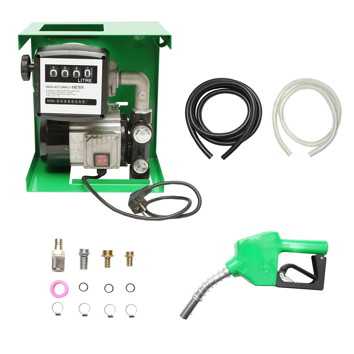 Комплект помпа за прехвърляне на дизел 220V 750W с измервателен уред, смукателен маркуч 1,5м, маркуч за прехвърляне 4м и пистолет Breckner Germany