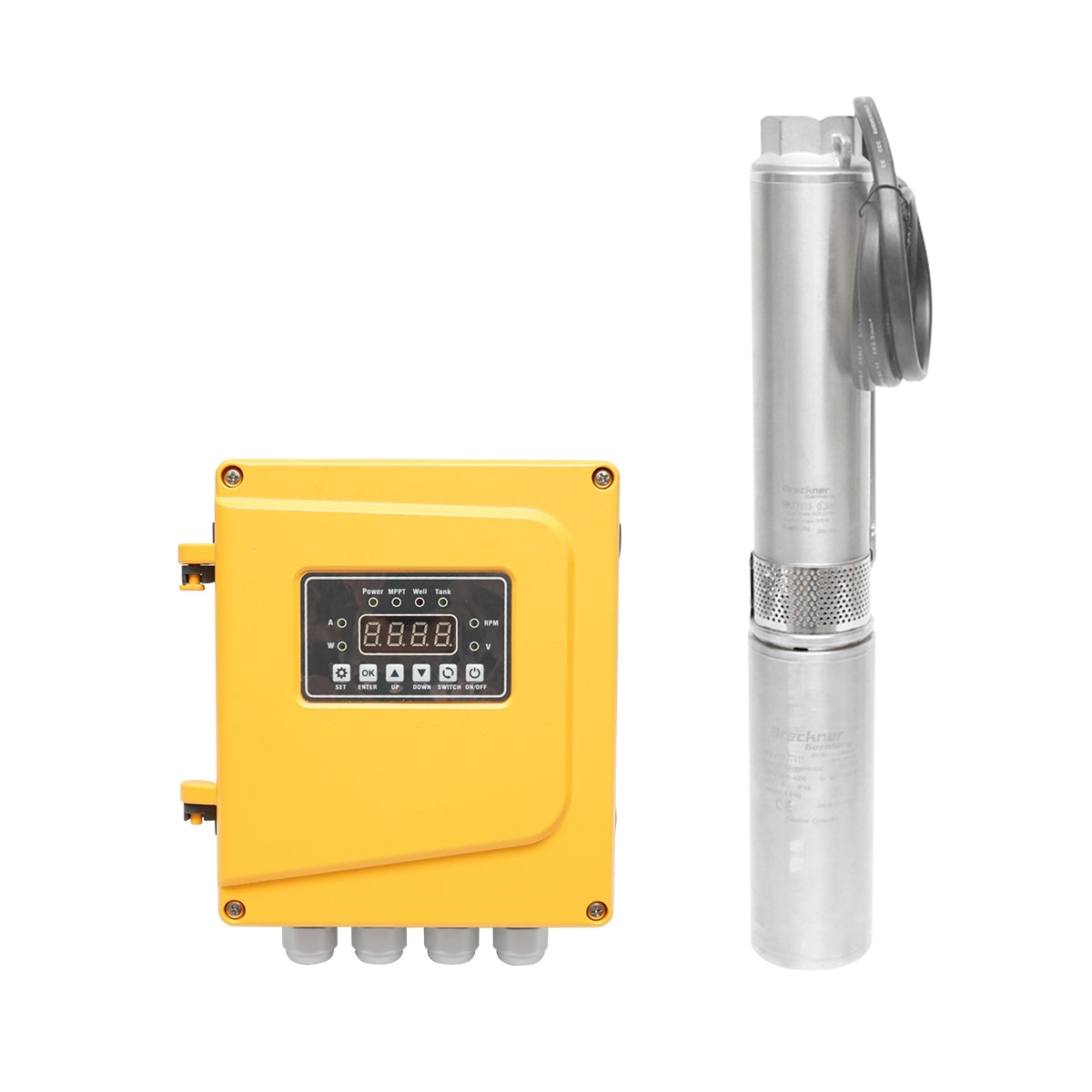 Потопяема водна помпа 300W, 48V дебит 2.4m3/h, D75мм с контролер за соларен фотоволтаичен панел Breckner Germany