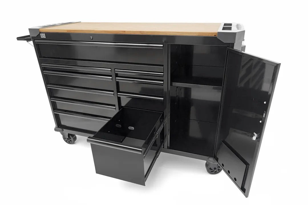 Професионален метален шкаф с 10 чекмеджета, мобилна количка, работна маса 147 см, плот от масивна дървесина HBM Холандия