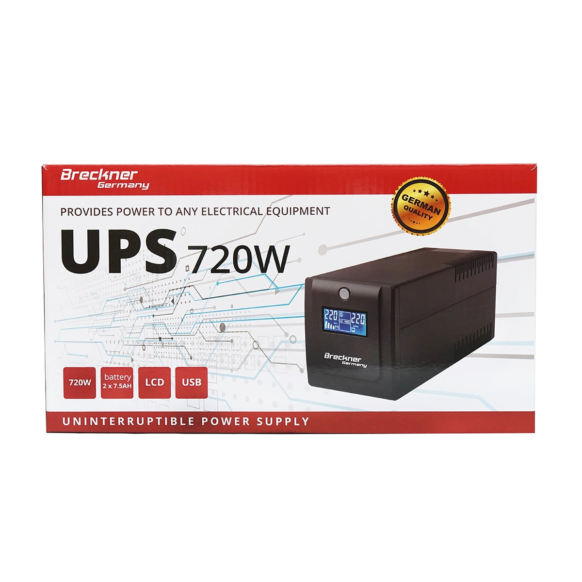 UPS устройство 1000VA/600W с 2x7,5Ah батерии и 4 шуко гнезда, LCD, USB Breckner Germany