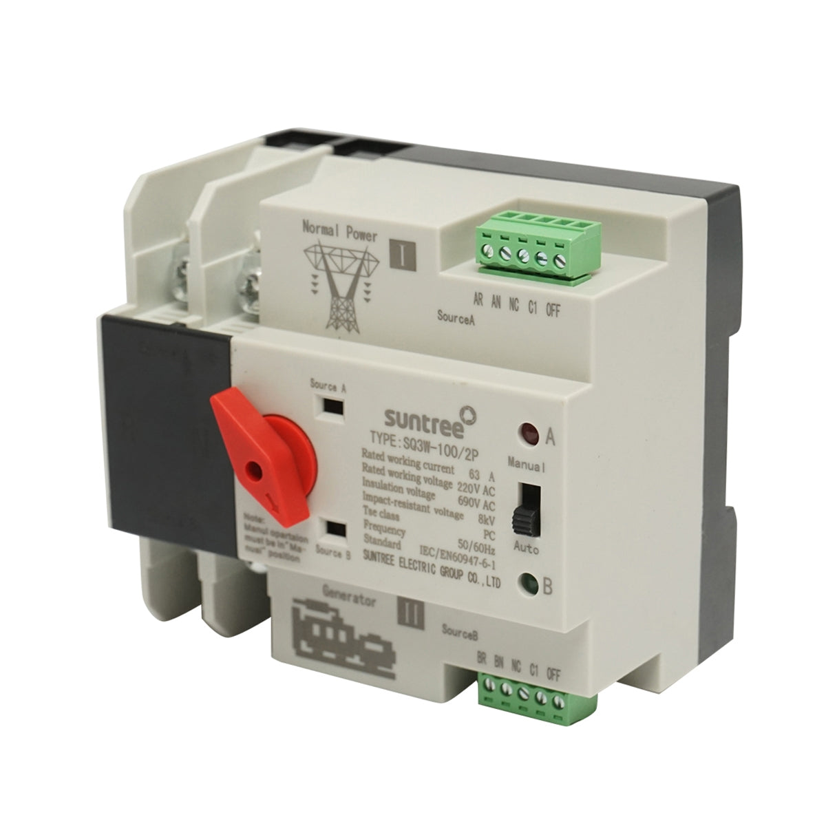 Автоматичен изолационен превключвател ATS 220V монофазен, фотоволтаични панели към мрежата ATS-2P-63A Suntree