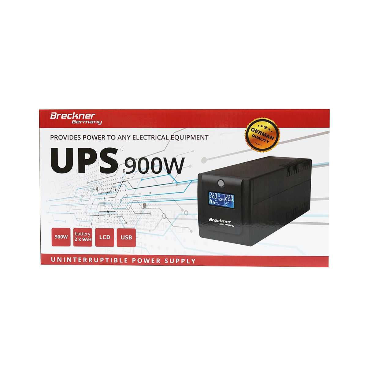 UPS устройство 1500VA/900W с 2x9Ah батерии и 4 шуко гнезда, LCD, USB, AVR Breckner Germany