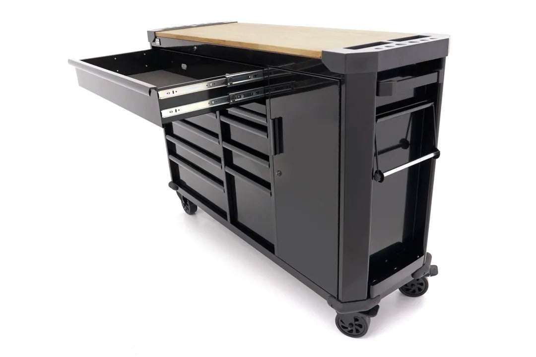 Професионален метален шкаф с 10 чекмеджета, мобилна количка, работна маса 147 см, плот от масивна дървесина HBM Холандия