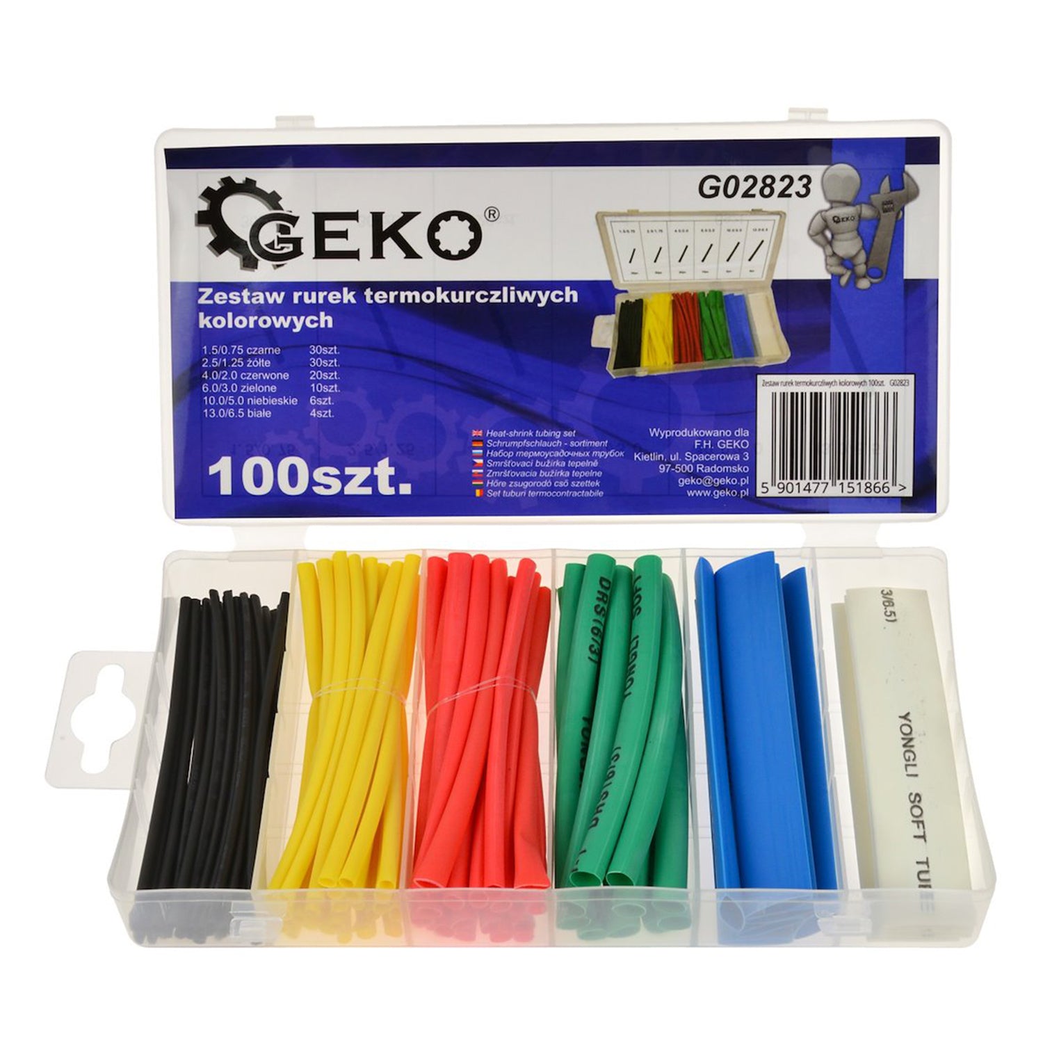 Комплект 100 термосвиваеми тръби за кабели, цветни - 6 размера - GEKO