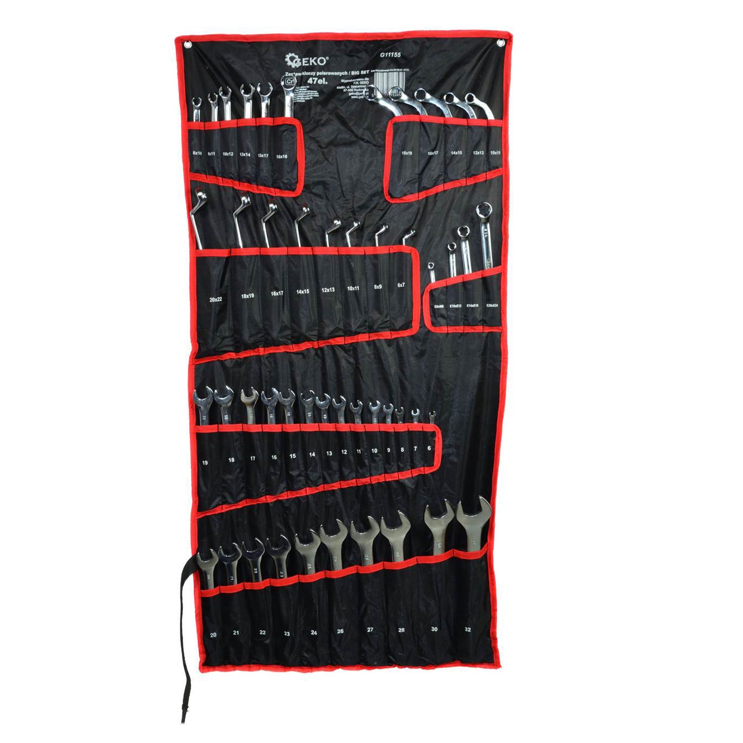 Пълен комплект от 47 гаечни ключа CRV – с фиксиран пръстен, с ъглов пръстен, полумесечни и тръбни гаечни ключове – GEKO
