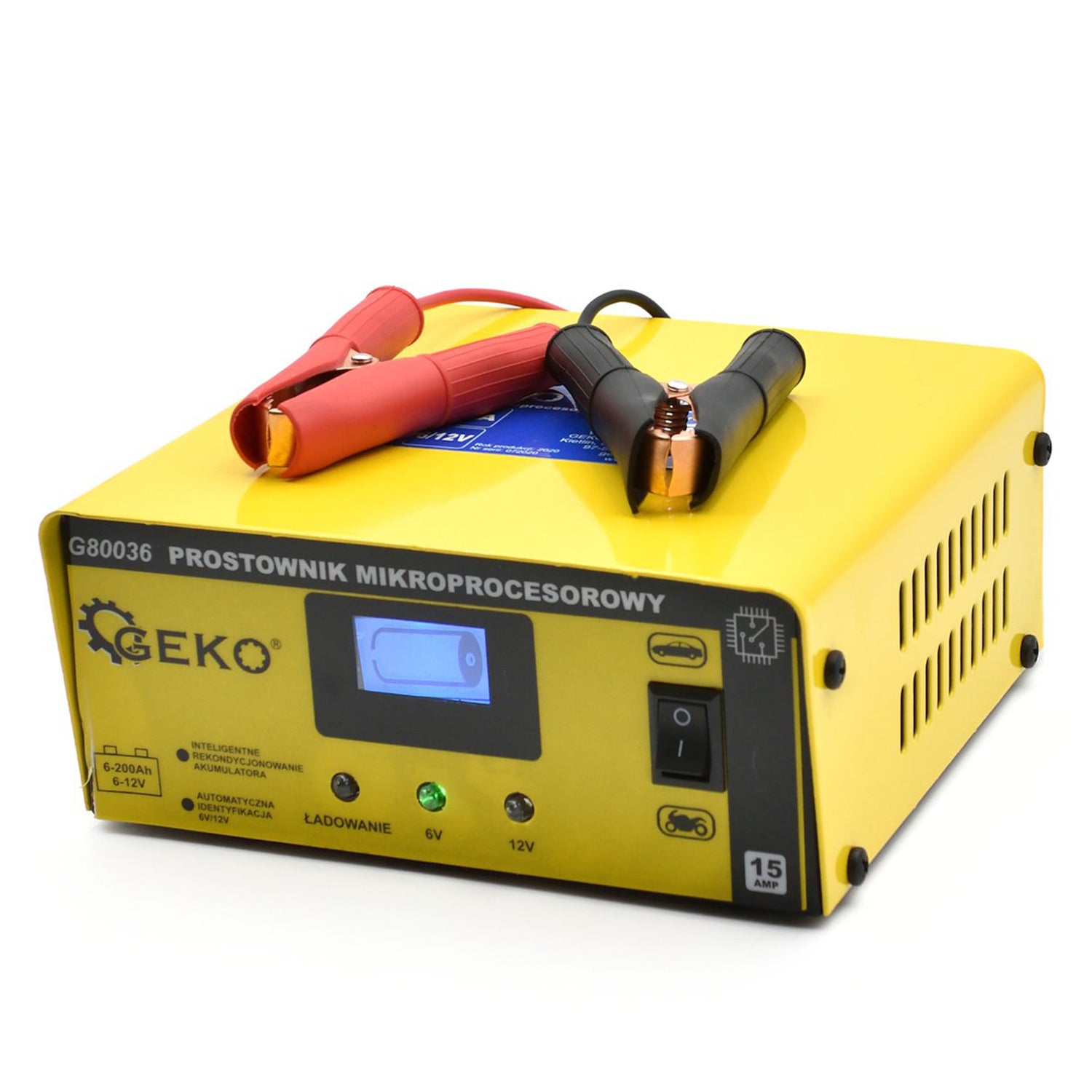 Зарядно устройство микропроцесор LCD 6/12V 15A за автомобилни акумулатори 6-200Ah - GEKO