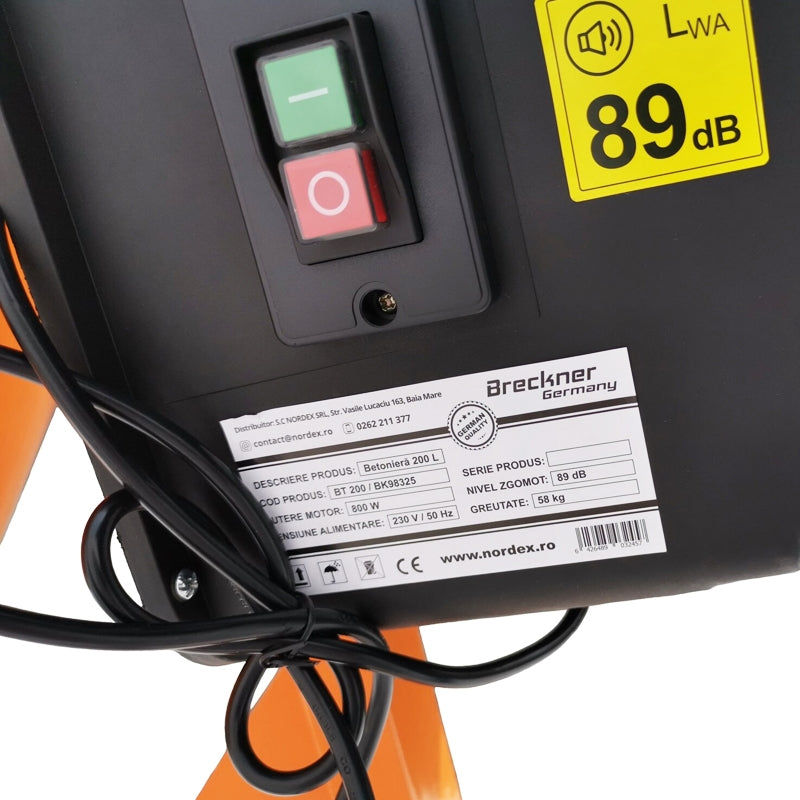 Бетонобъркачка 800W, обем 200L, чугунено зъбно колело и коронка, 58Kg Breckner Germany