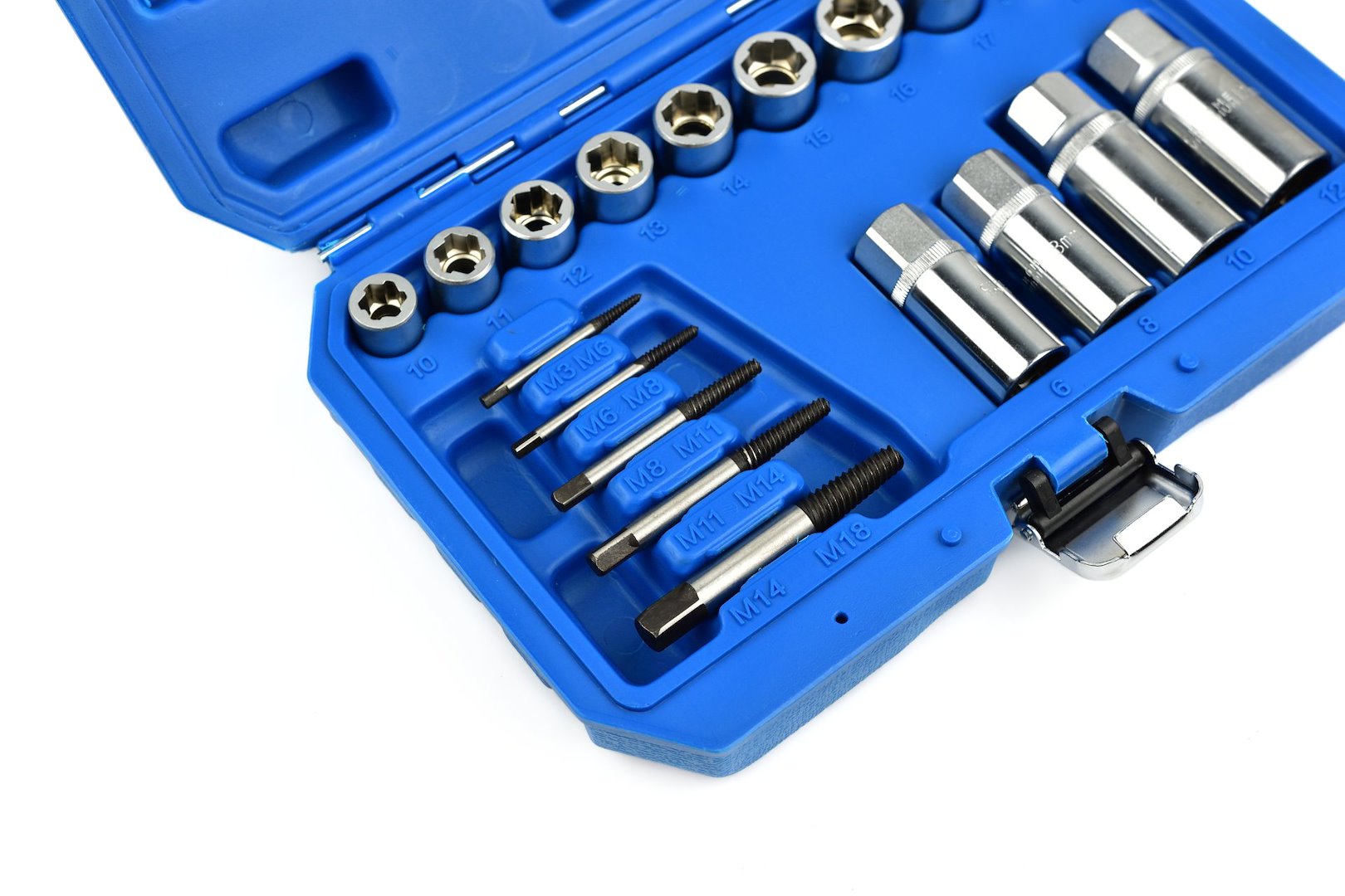 Комплект 18 части екстрактори и вложки за счупени винтове, повредени гайки и щифтове, 3/8" и 1/2", 6–19 мм, М3–М18, CR-V