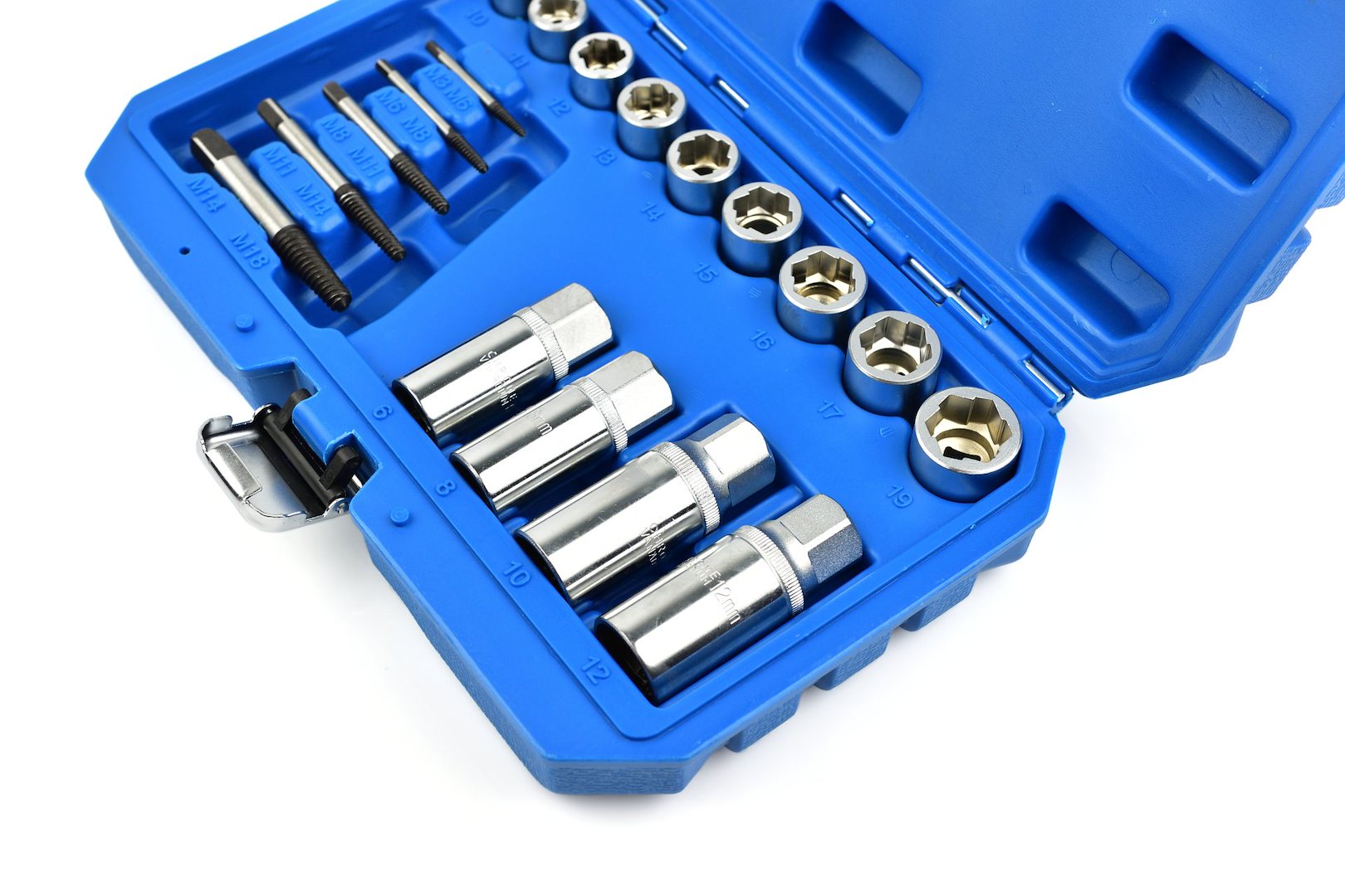 Комплект 18 части екстрактори и вложки за счупени винтове, повредени гайки и щифтове, 3/8" и 1/2", 6–19 мм, М3–М18, CR-V