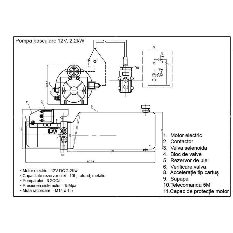 Самосвална помпа 12V, 2,2kW 150 bar, с метален резервоар 10L и дистанционно управление