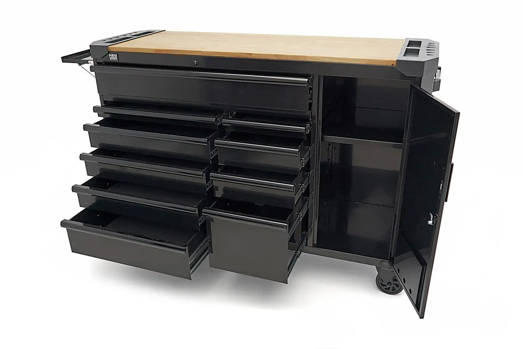 Професионален метален шкаф с 10 чекмеджета, мобилна количка, работна маса 147 см, плот от масивна дървесина HBM Холандия