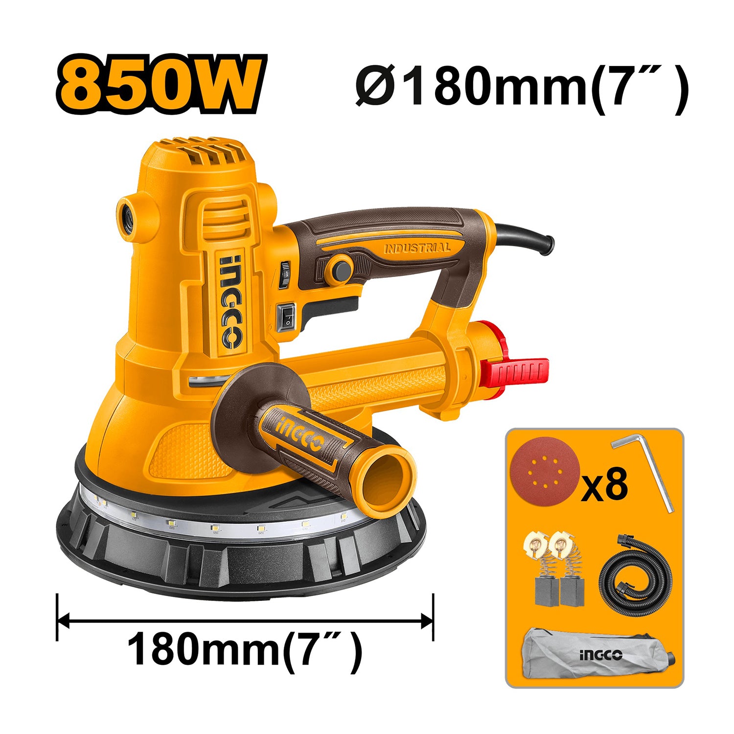 Машина за шлифоване на стени и тавани от гипсокартон 850 W, 180 мм – INGCO