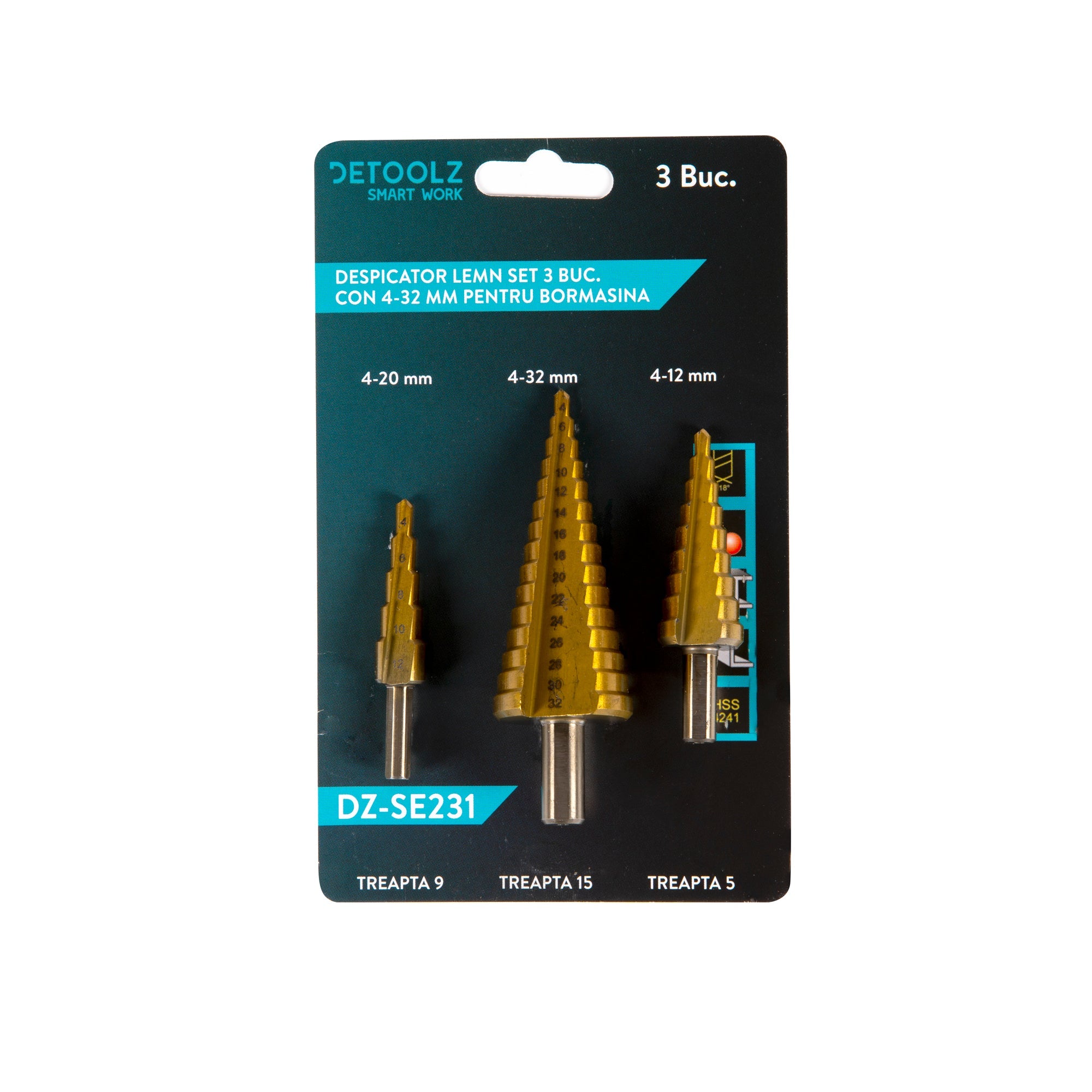 Комплект 3 фрези на нива HSS+TI диаметър 4-12, 4-20, 4-32мм DETOOLZ