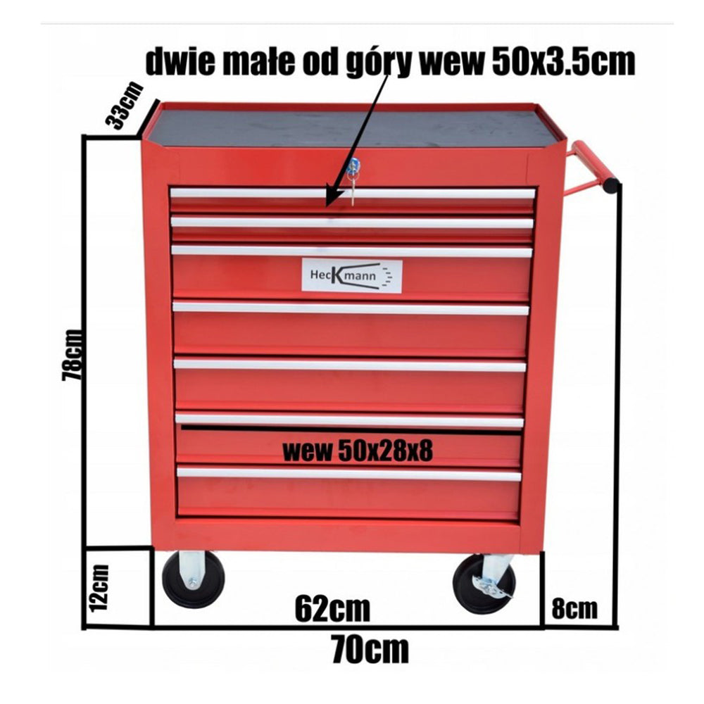 Метален шкаф за инструменти, необорудван, с 7 чекмеджета, червен, с колелца, 78 х 62 х 33 см