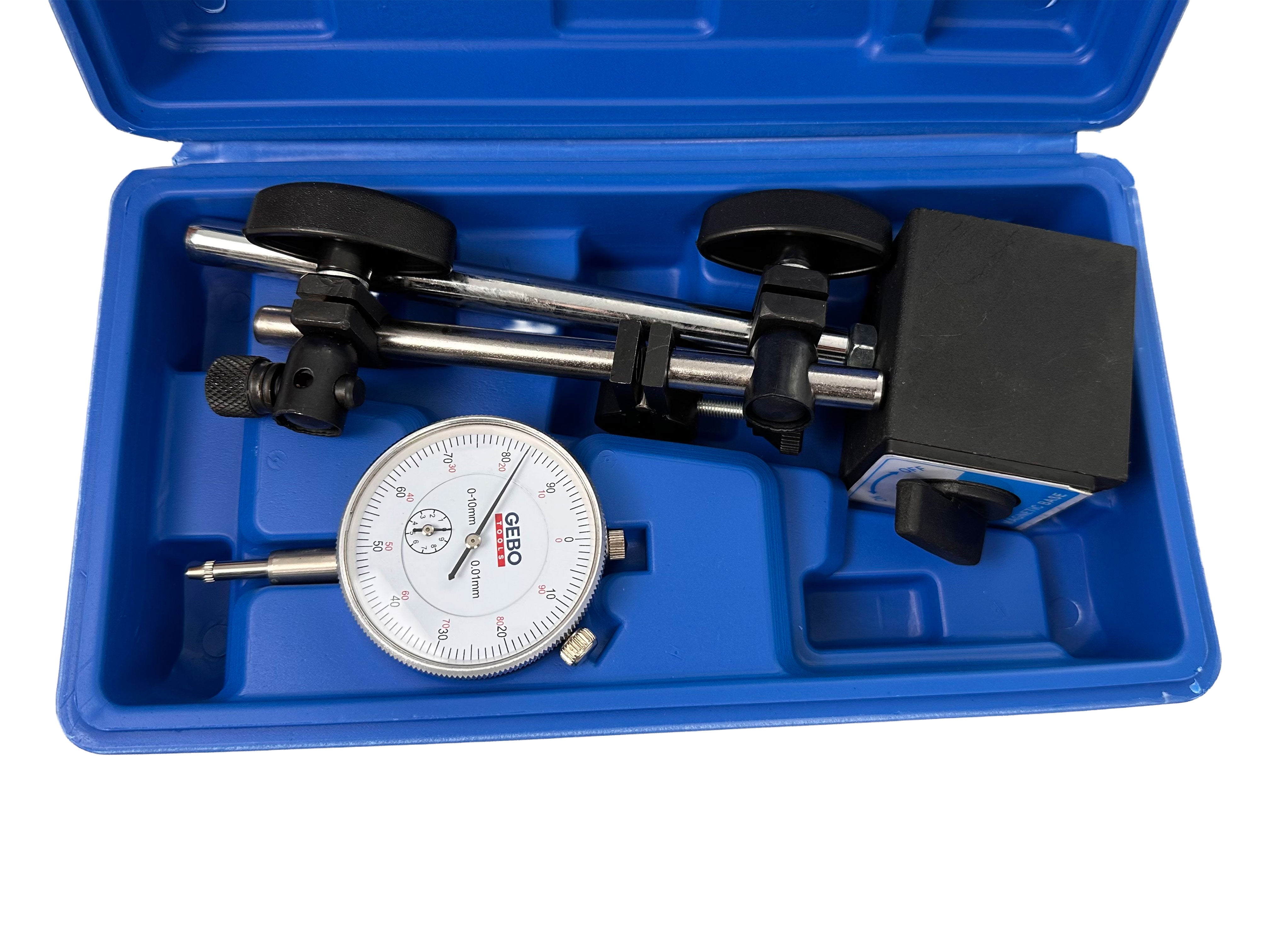 Индикаторен часовник 0-10 мм с база и магнитна стойка GEBO TOOLS