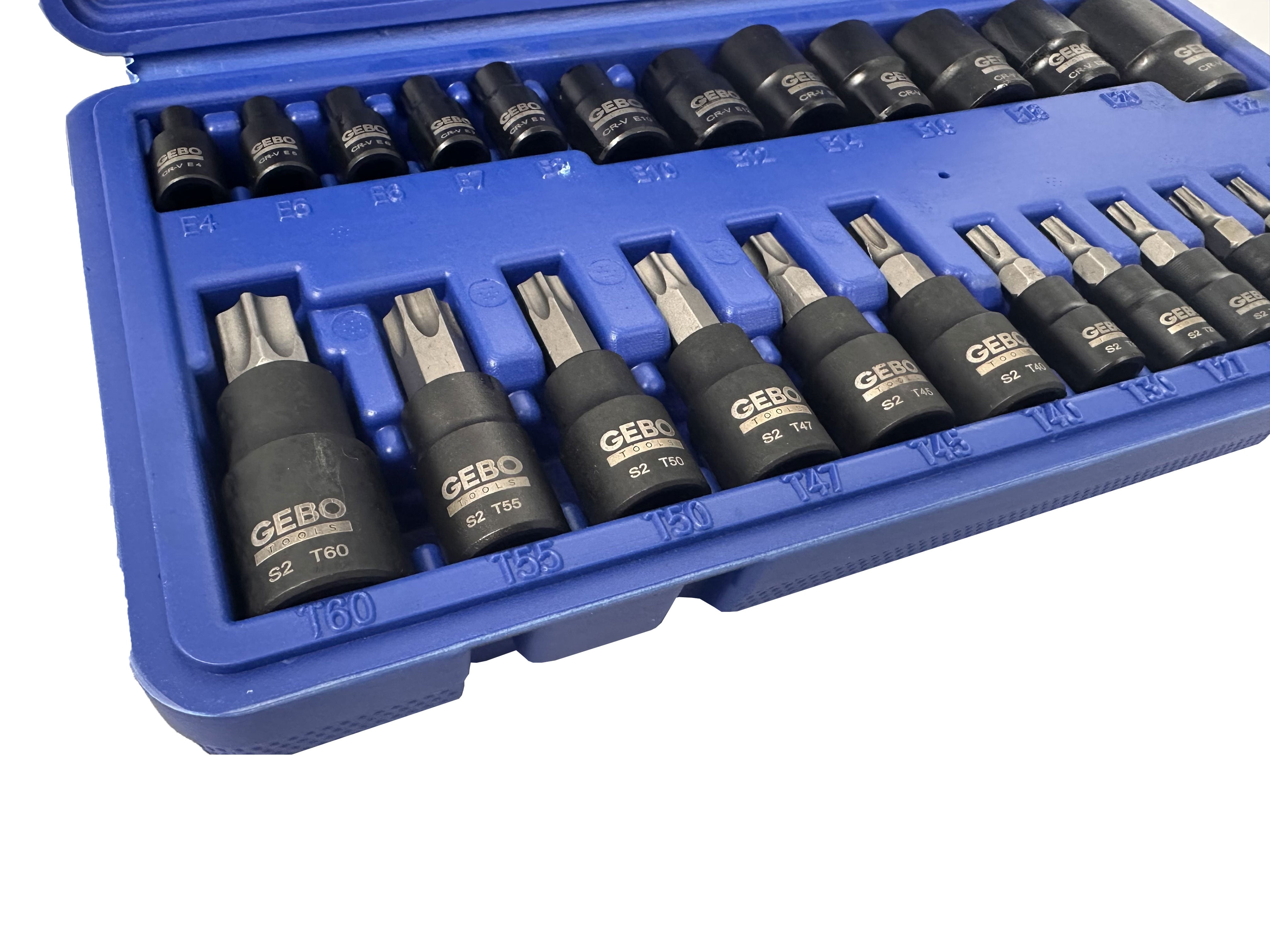 Комплект ключове битове торкс Т8-Т60 вложки профил Е Е4-Е20 1/4 3/8 1/2 25 части Gebo Tools