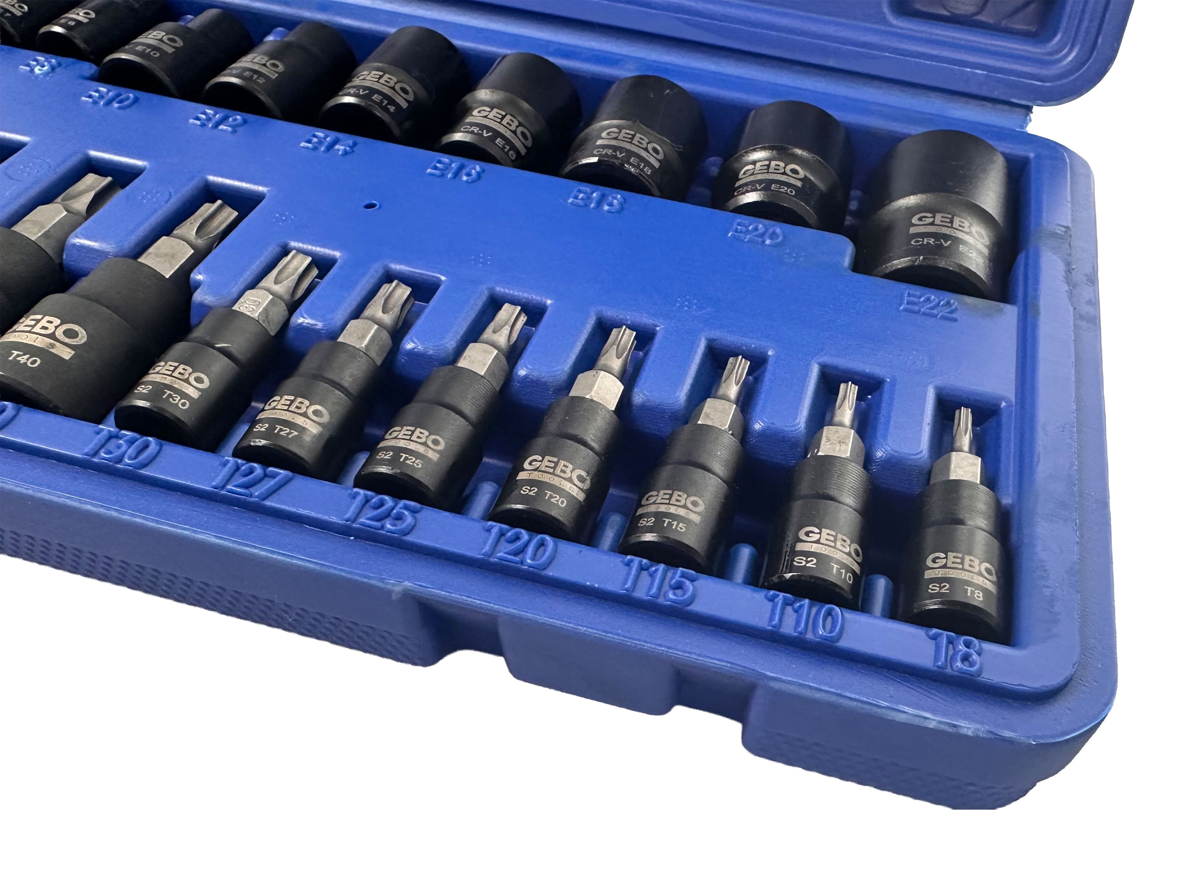 Комплект ключове битове торкс Т8-Т60 вложки профил Е Е4-Е20 1/4 3/8 1/2 25 части Gebo Tools