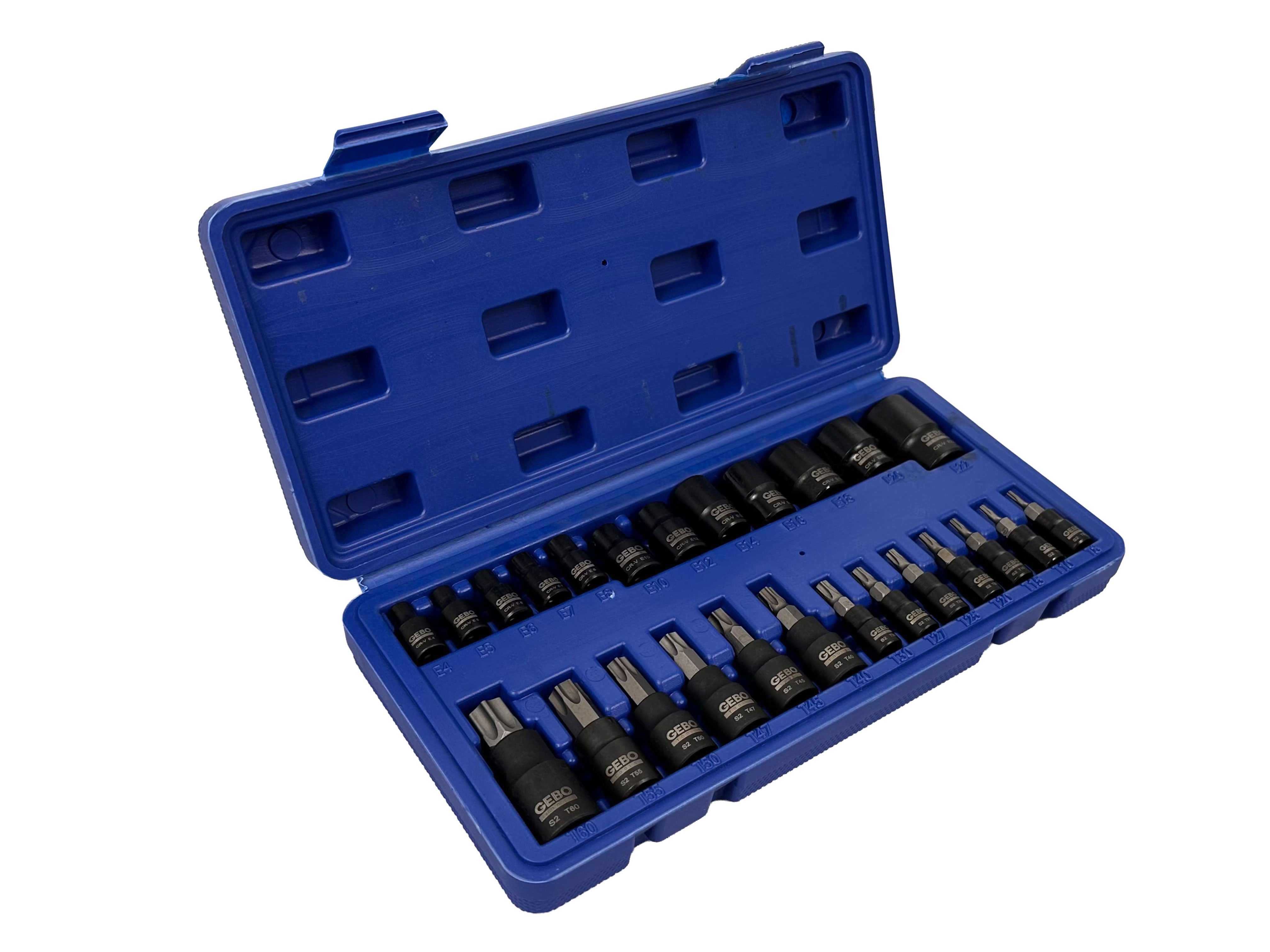 Комплект ключове битове торкс Т8-Т60 вложки профил Е Е4-Е20 1/4 3/8 1/2 25 части Gebo Tools
